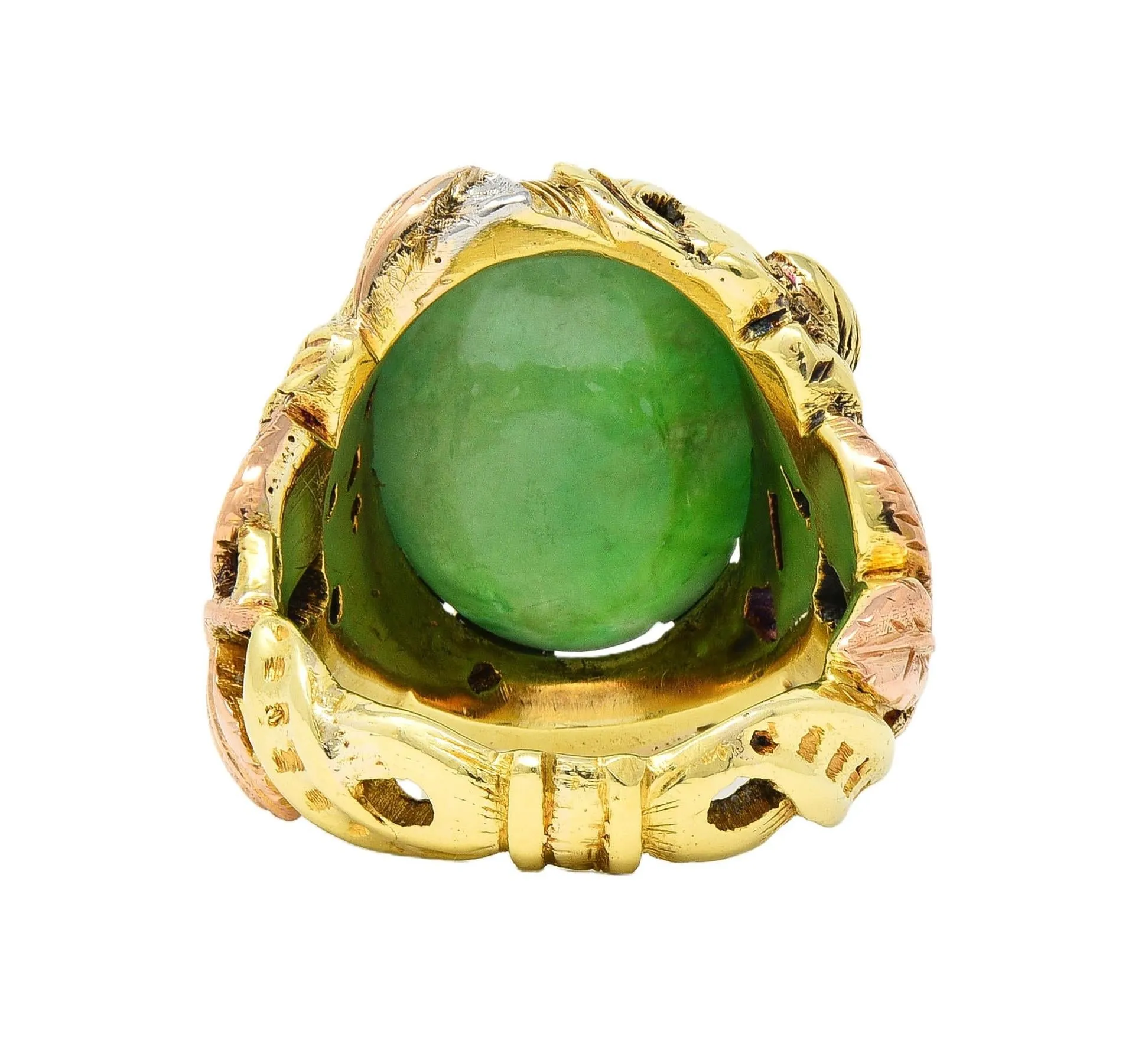 Arts & Crafts Jade Platinum 18 Karat Two-Tone Gold Antique Rose Floral Flower Signet Ring GIA