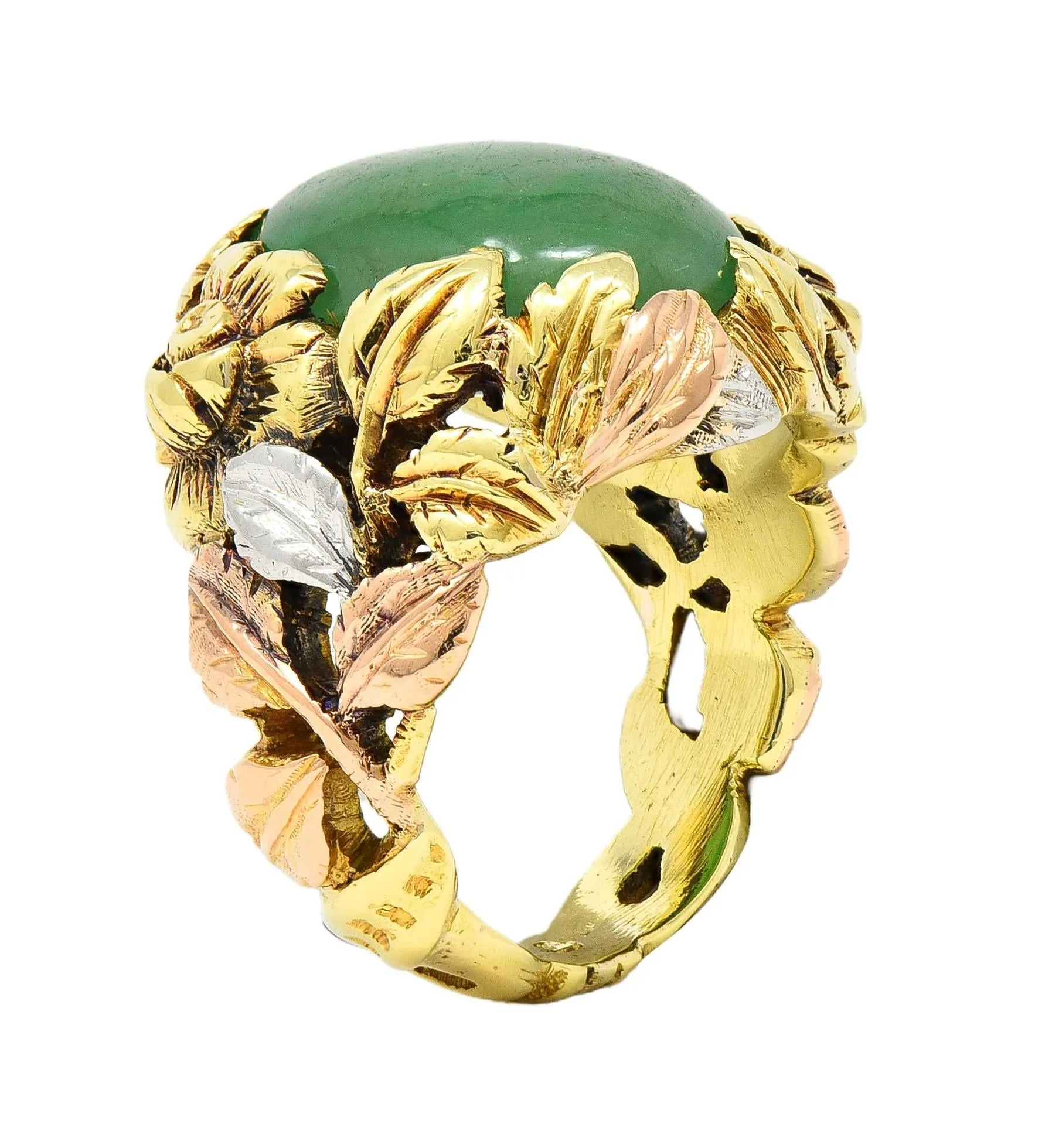 Arts & Crafts Jade Platinum 18 Karat Two-Tone Gold Antique Rose Floral Flower Signet Ring GIA