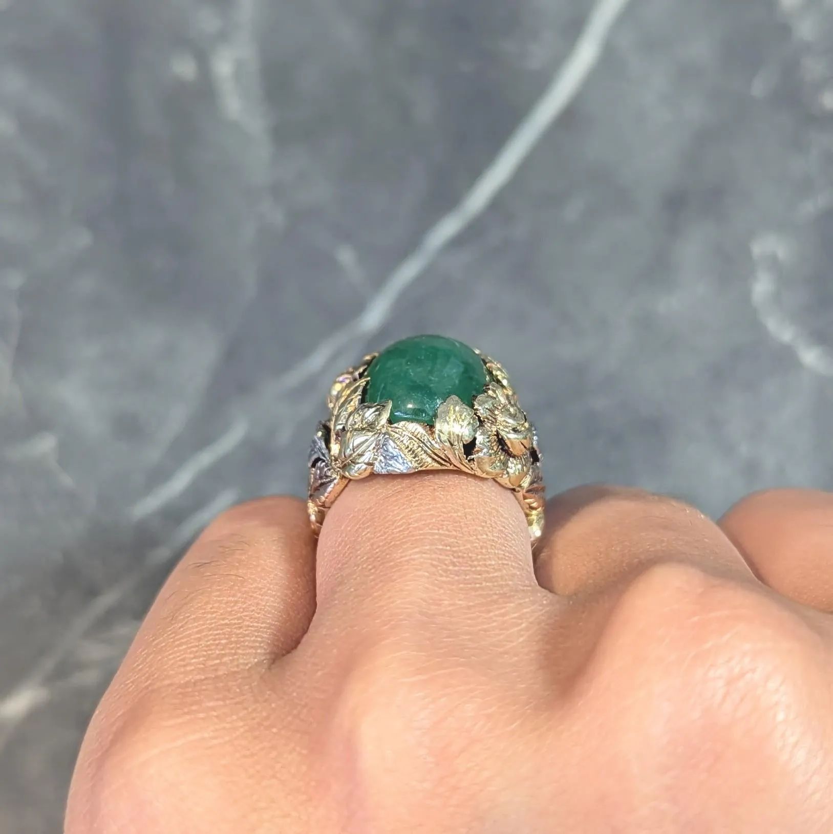 Arts & Crafts Jade Platinum 18 Karat Two-Tone Gold Antique Rose Floral Flower Signet Ring GIA