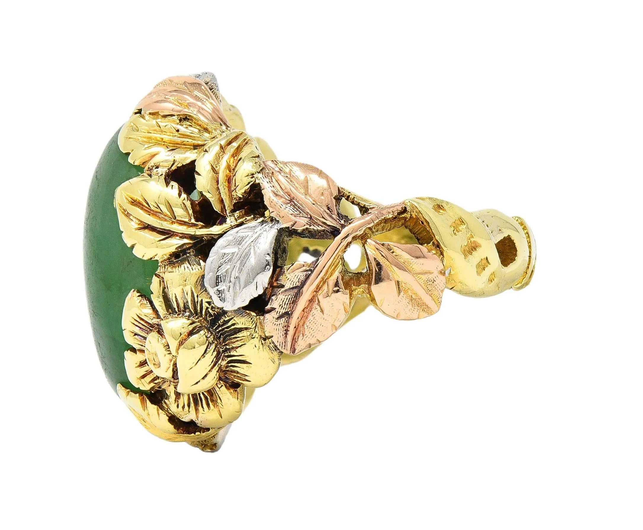 Arts & Crafts Jade Platinum 18 Karat Two-Tone Gold Antique Rose Floral Flower Signet Ring GIA