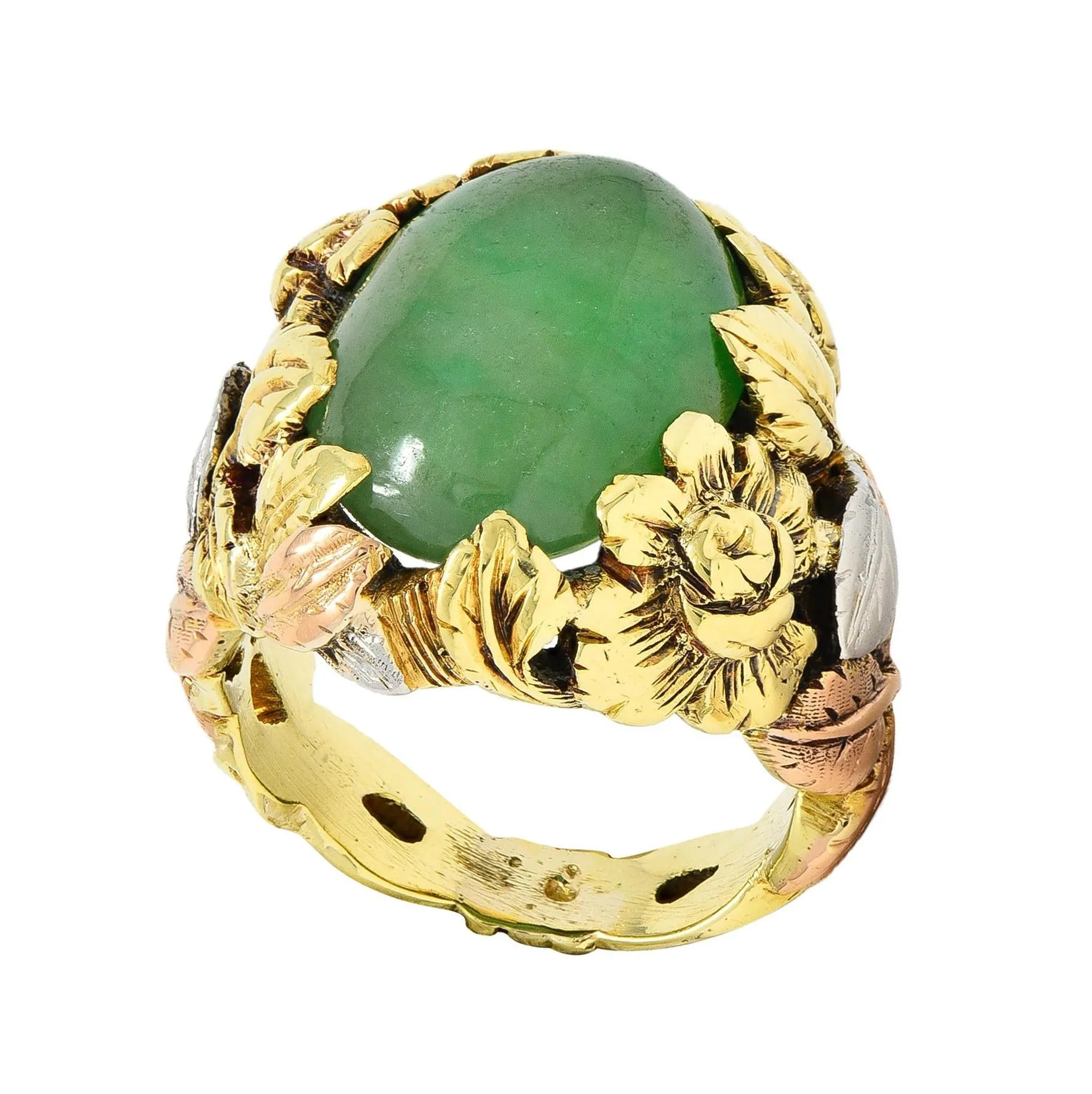 Arts & Crafts Jade Platinum 18 Karat Two-Tone Gold Antique Rose Floral Flower Signet Ring GIA
