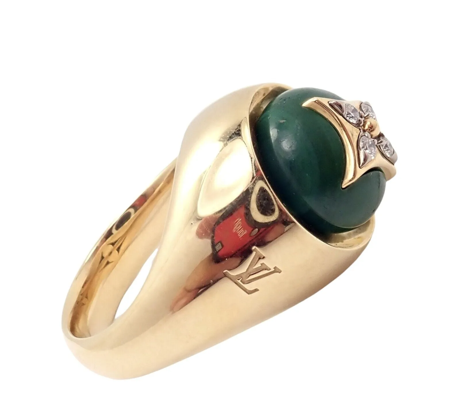 Authentic Louis Vuitton LV 18k Yellow Gold Diamond Malachite Blossom Signet Ring