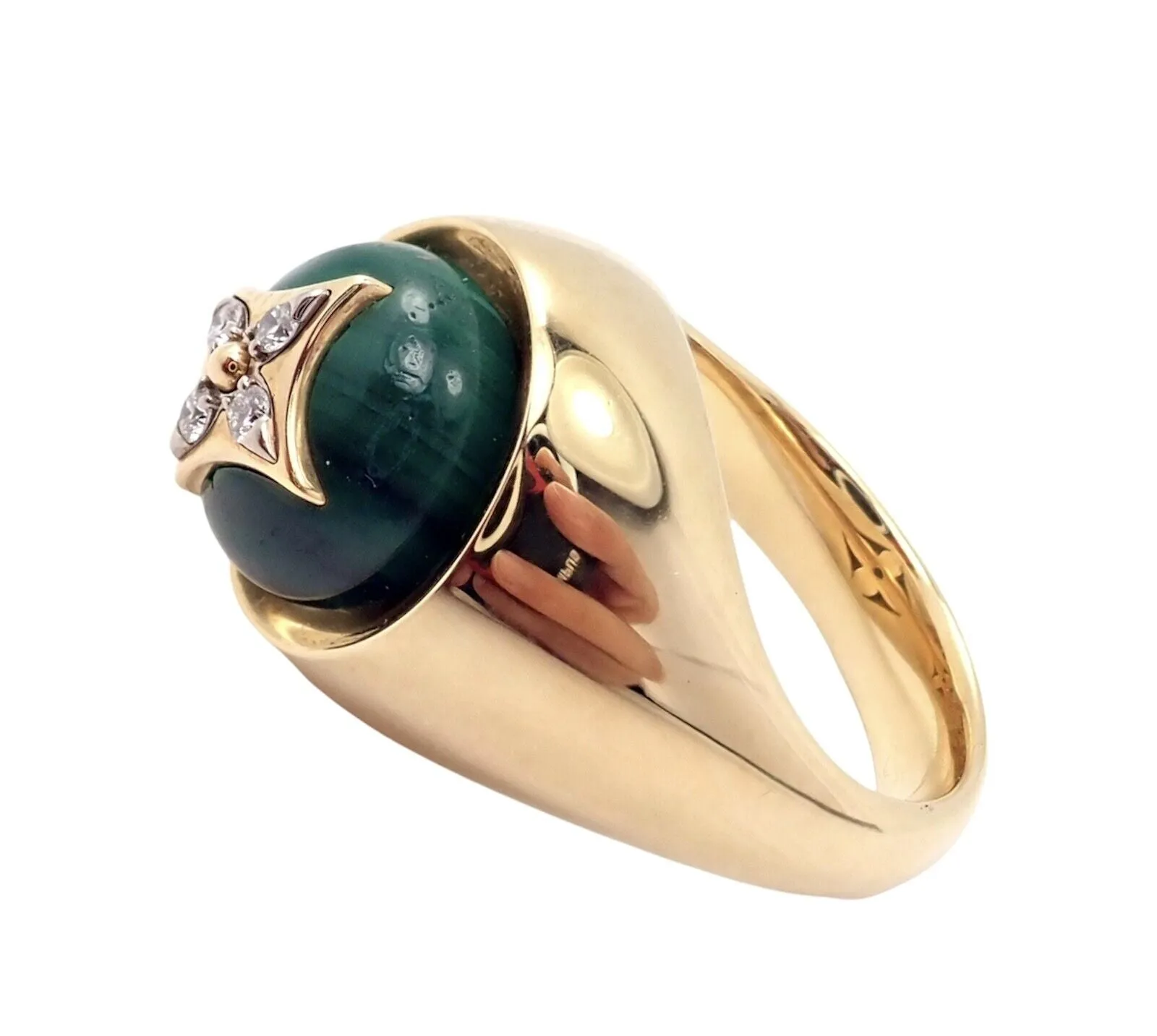 Authentic Louis Vuitton LV 18k Yellow Gold Diamond Malachite Blossom Signet Ring
