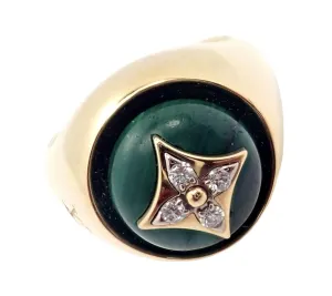Authentic Louis Vuitton LV 18k Yellow Gold Diamond Malachite Blossom Signet Ring
