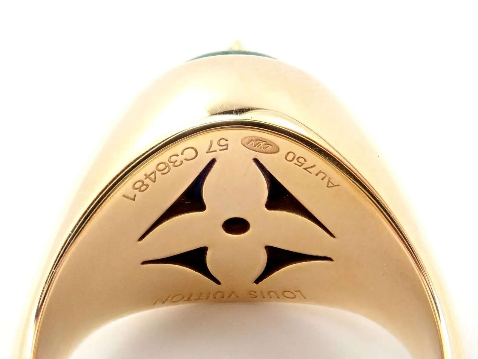 Authentic Louis Vuitton LV 18k Yellow Gold Diamond Malachite Blossom Signet Ring
