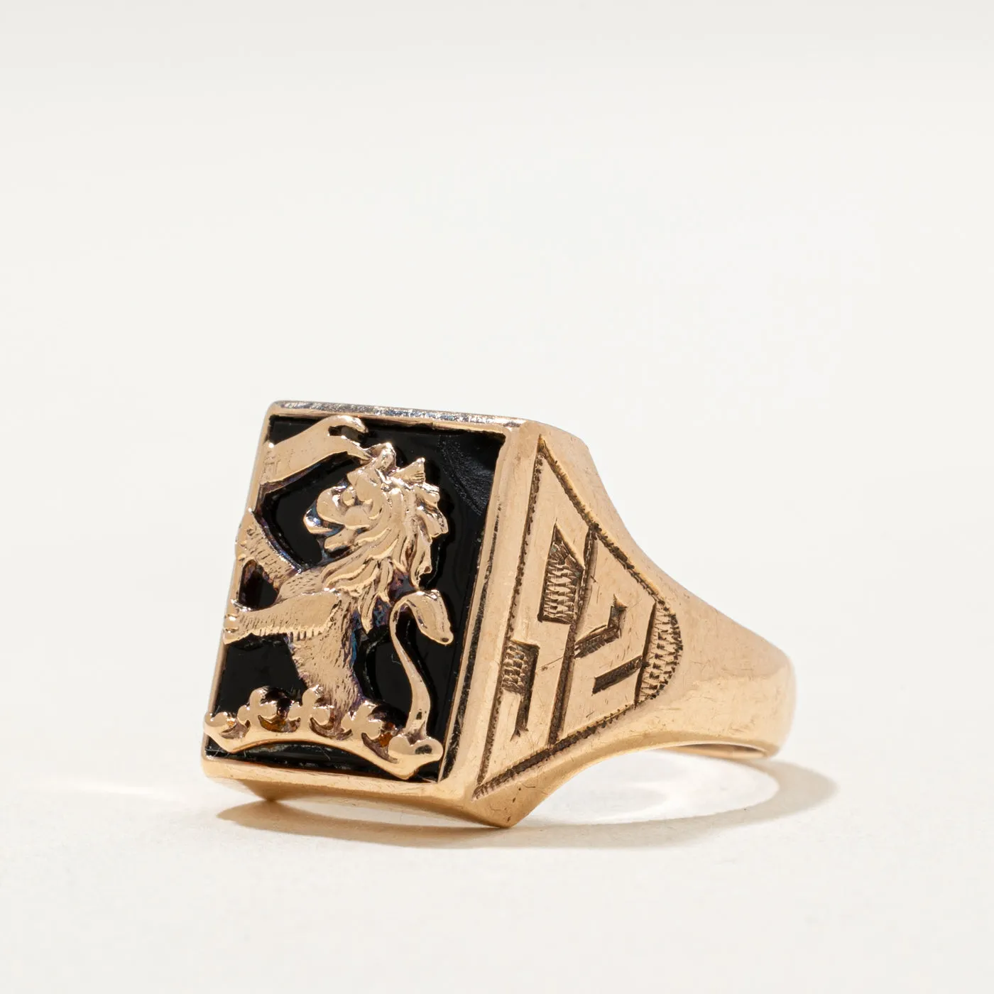 'Birks' 10K Onyx Lion Signet Ring | 1.50ct | SZ 5.25
