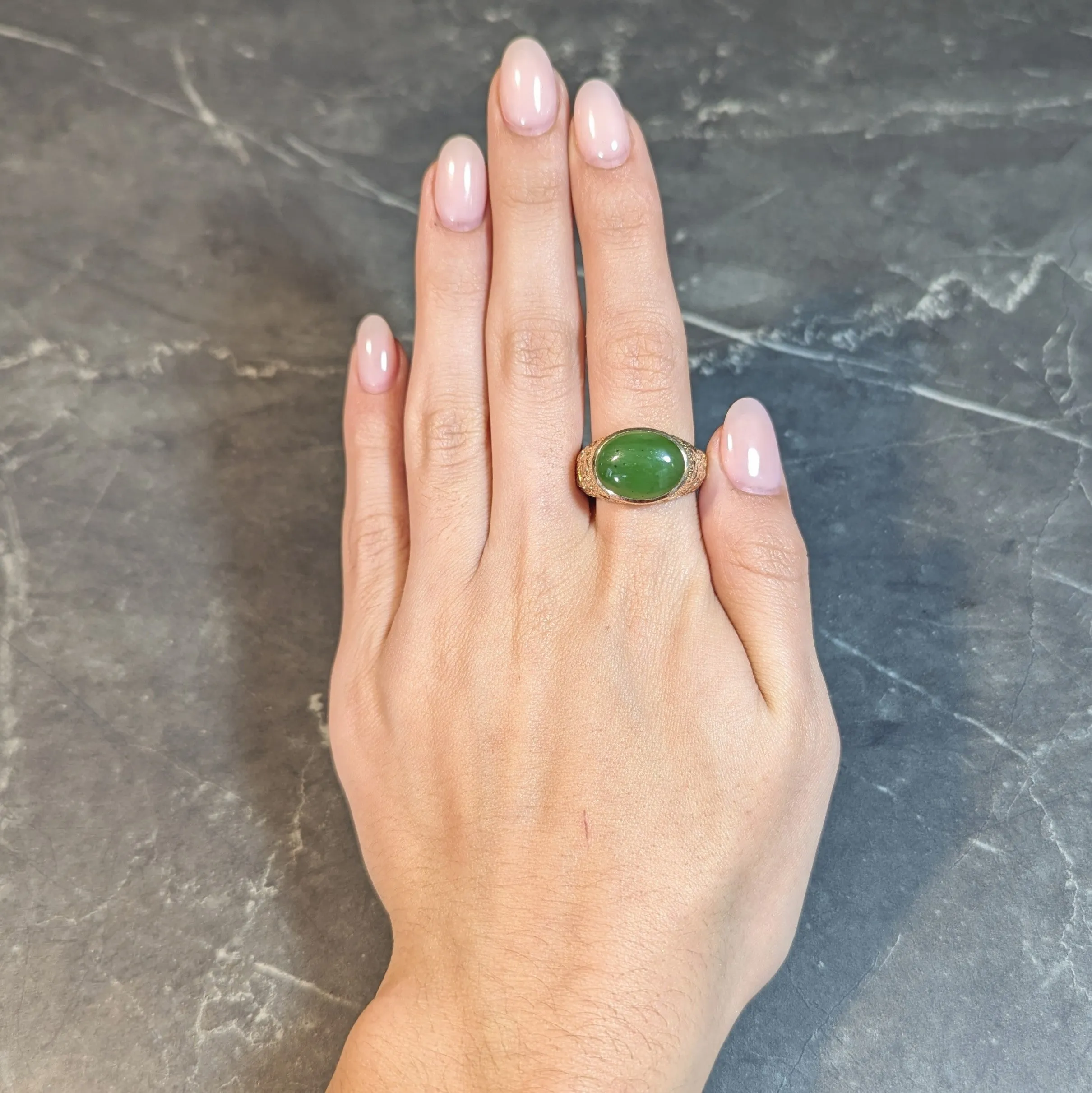Brutalist Jade Cabochon 10 Karat Yellow Gold Vintage Signet Ring