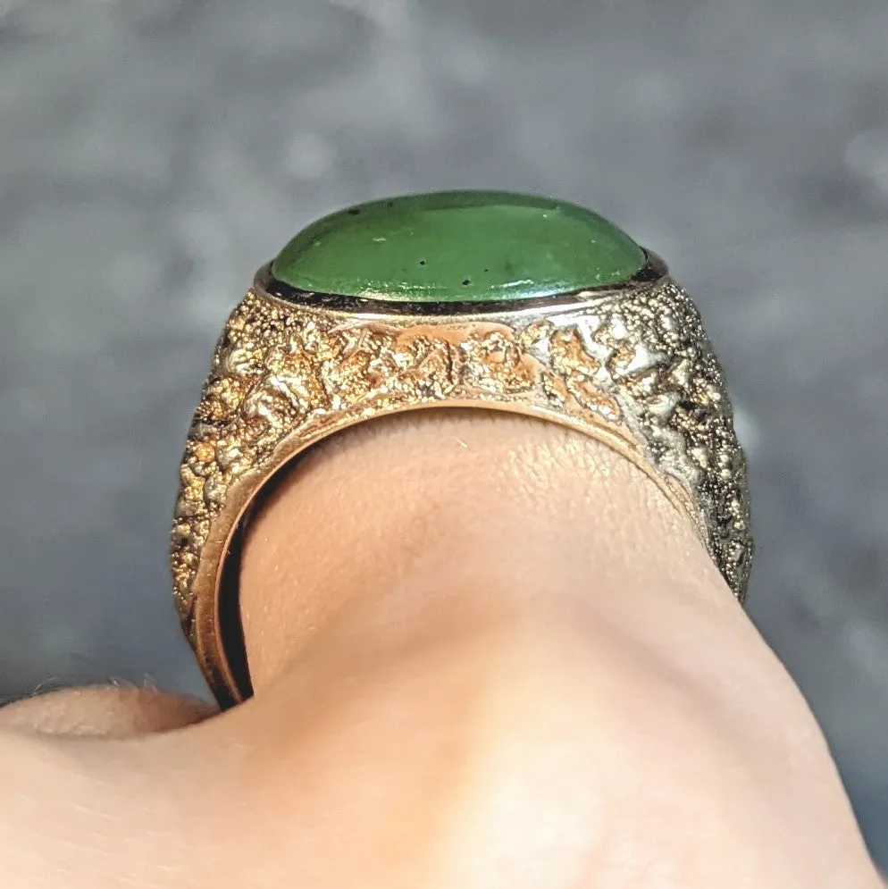 Brutalist Jade Cabochon 10 Karat Yellow Gold Vintage Signet Ring