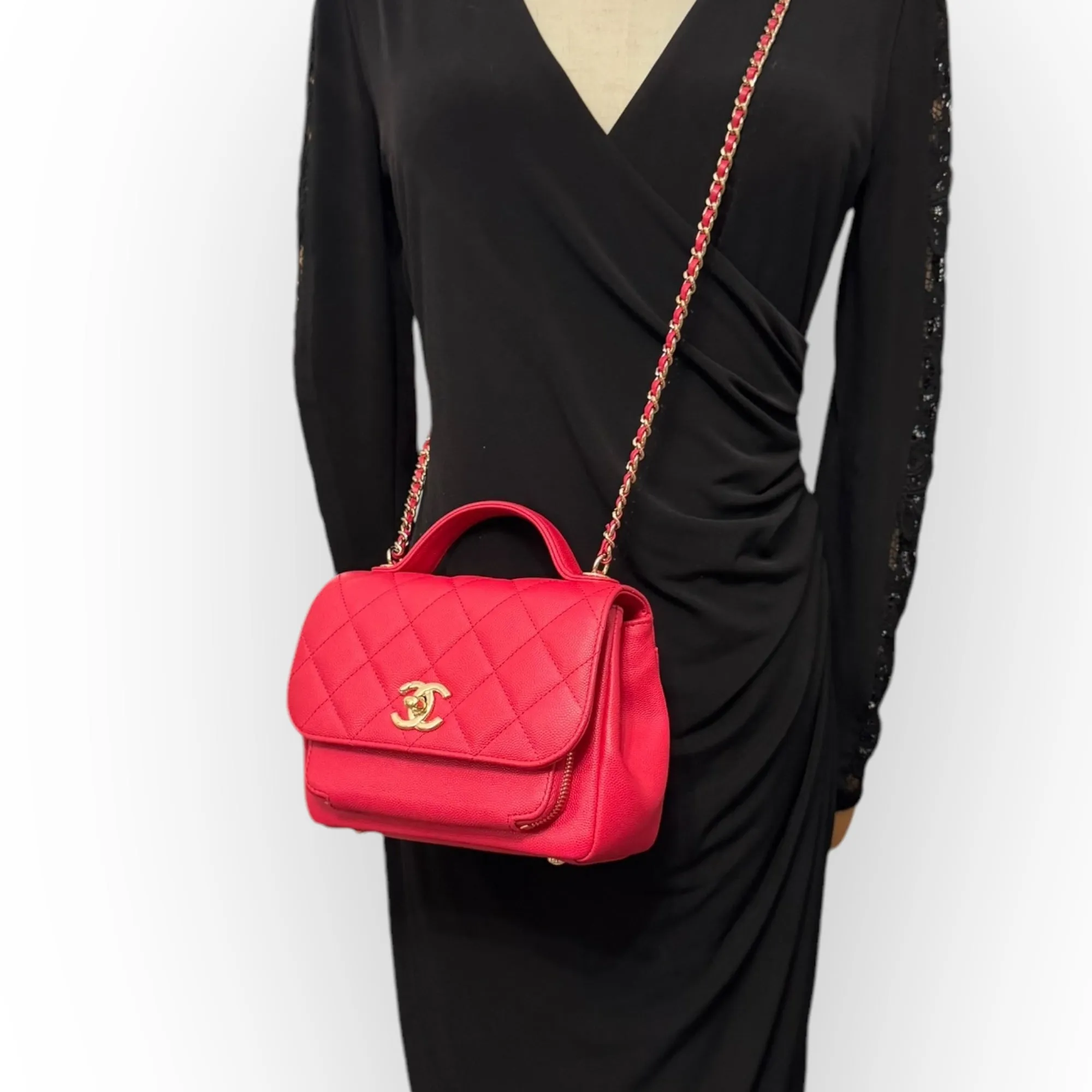 Chanel Business Affinity Small, Strawberry Red Grained Calfskin / Caviar Gold-tone Hardware