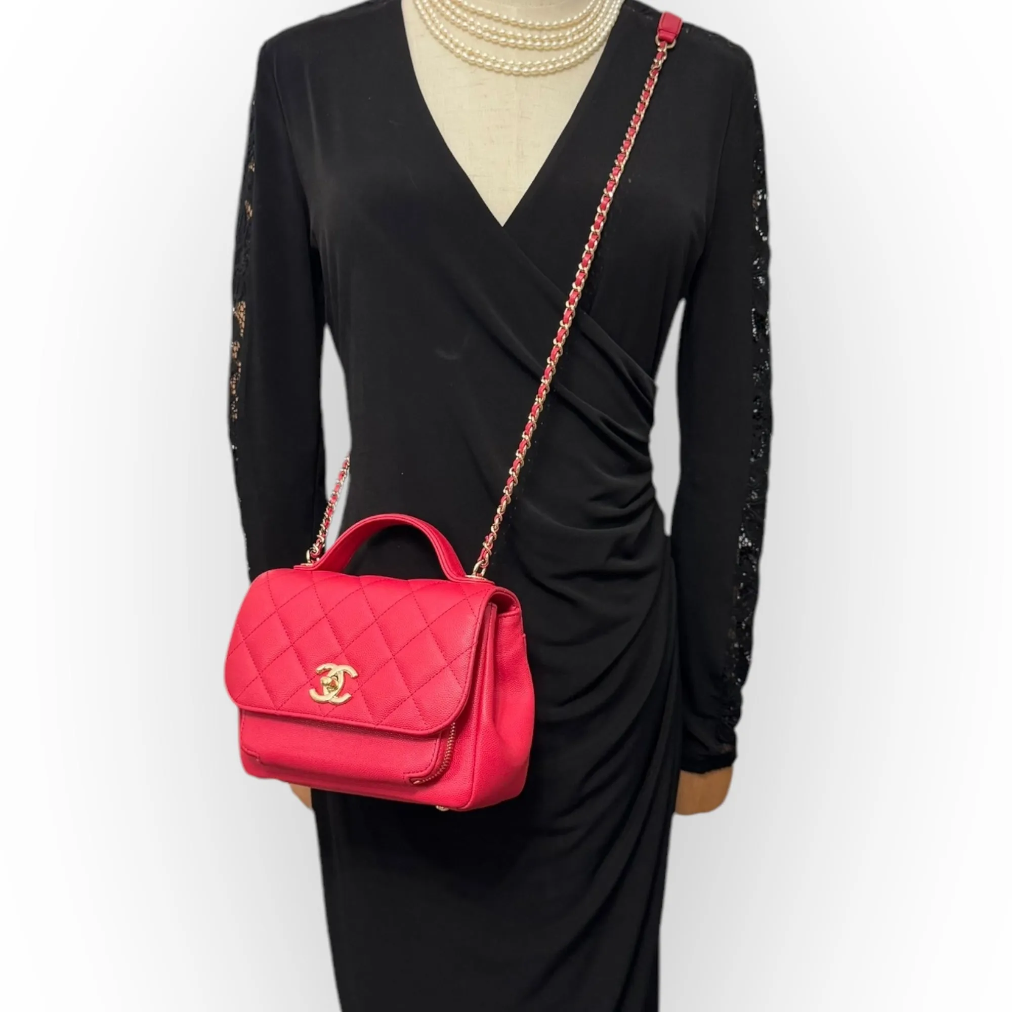 Chanel Business Affinity Small, Strawberry Red Grained Calfskin / Caviar Gold-tone Hardware