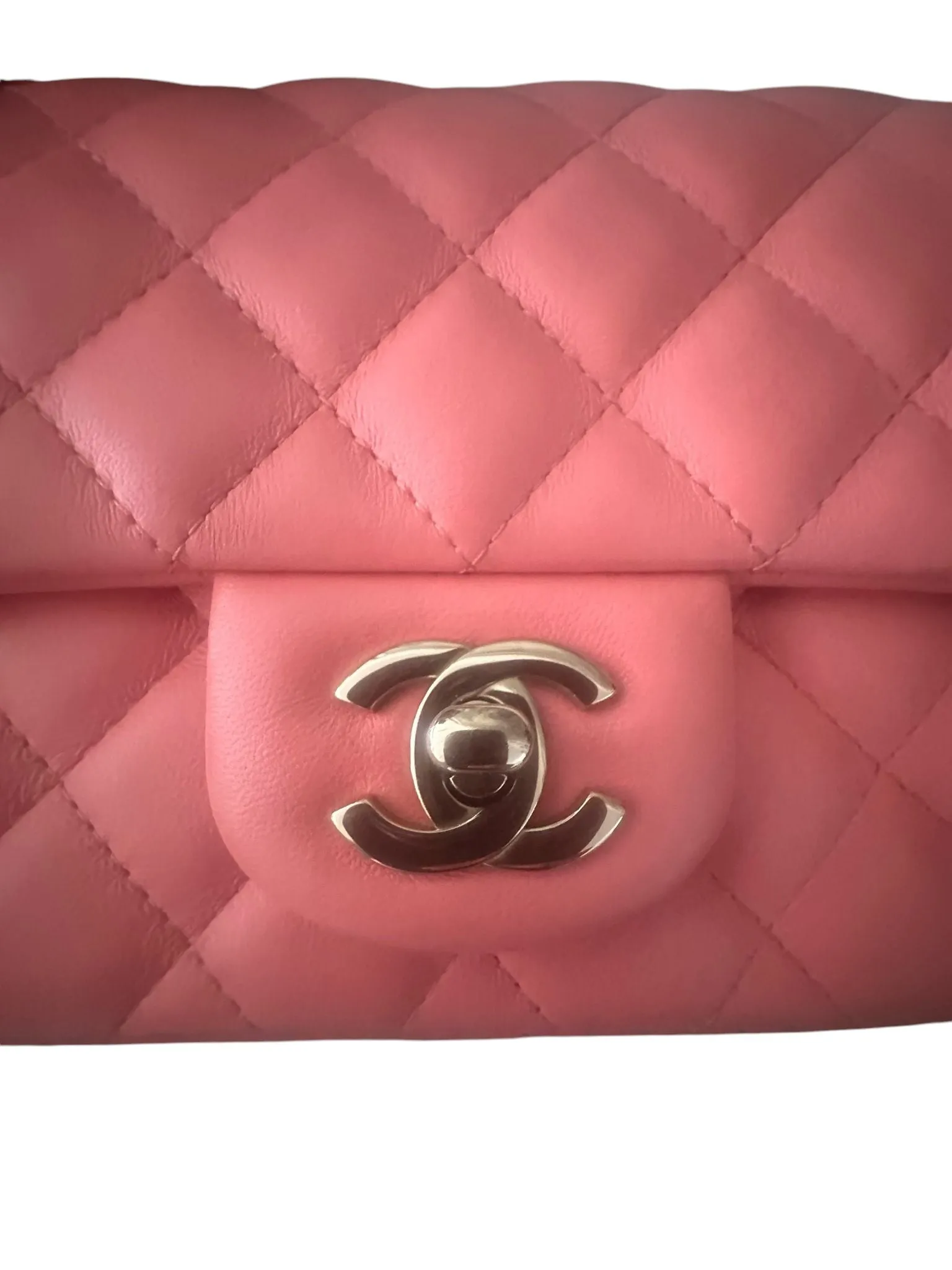 Chanel Classic Mini Square, Coral Pink Lambskin, Gold-tone Hardware