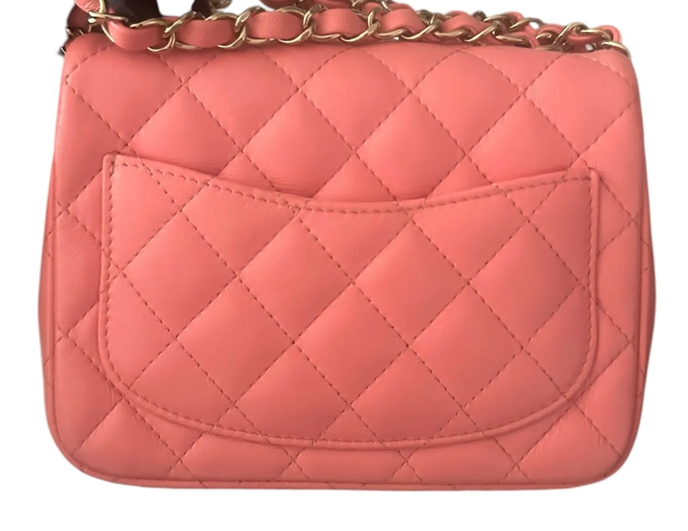 Chanel Classic Mini Square, Coral Pink Lambskin, Gold-tone Hardware