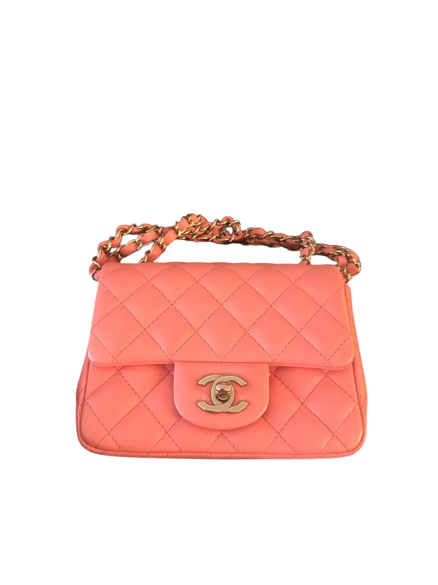 Chanel Classic Mini Square, Coral Pink Lambskin, Gold-tone Hardware