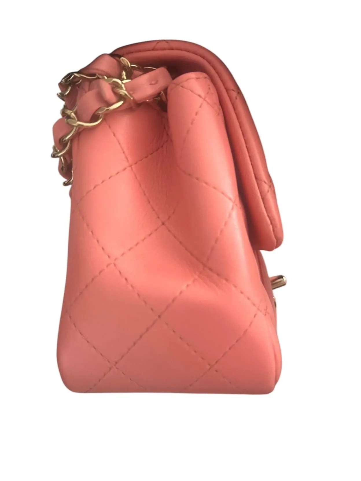 Chanel Classic Mini Square, Coral Pink Lambskin, Gold-tone Hardware