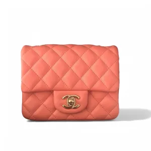 Chanel Classic Mini Square, Coral Pink Lambskin, Gold-tone Hardware