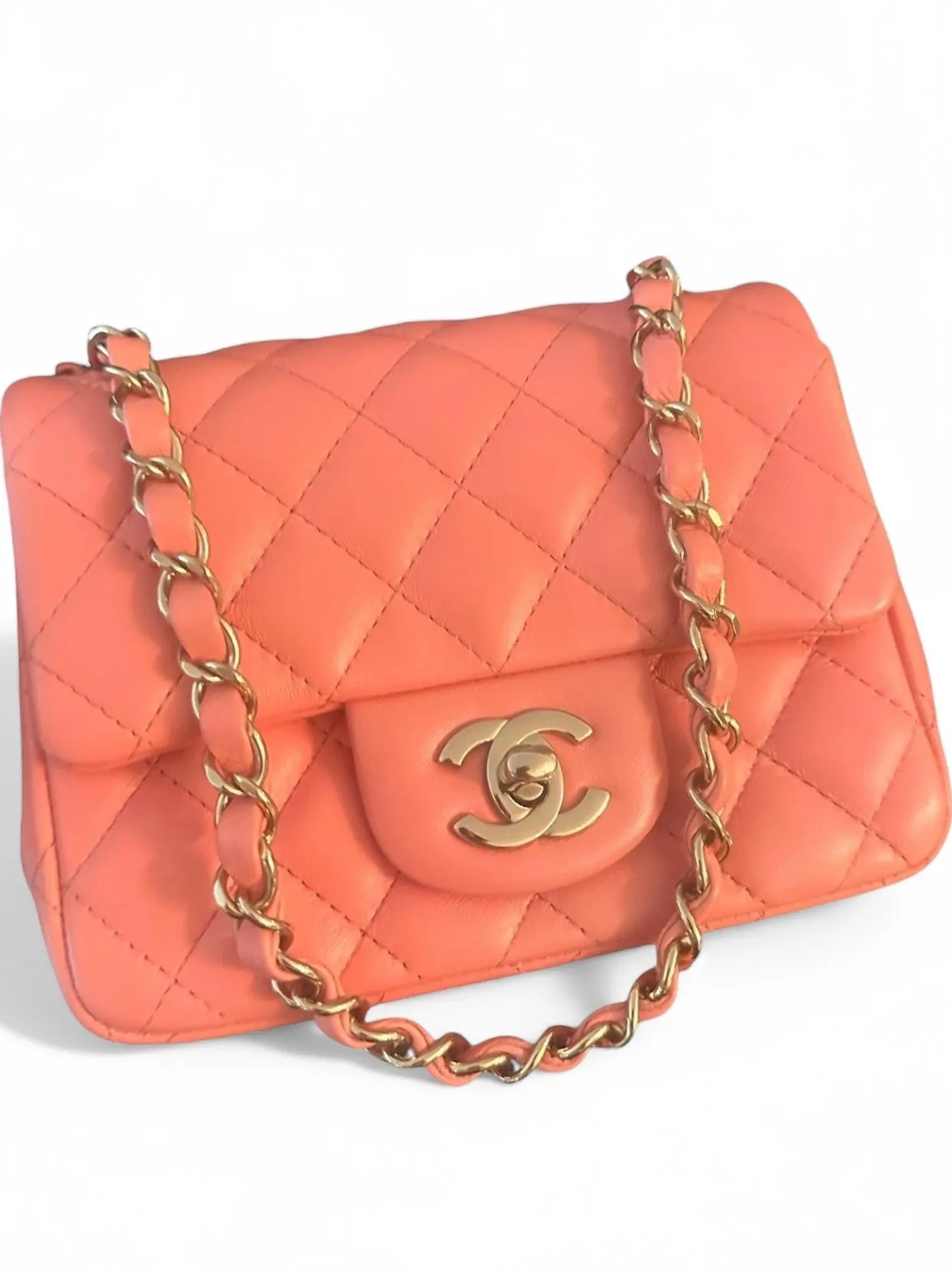 Chanel Classic Mini Square, Coral Pink Lambskin, Gold-tone Hardware