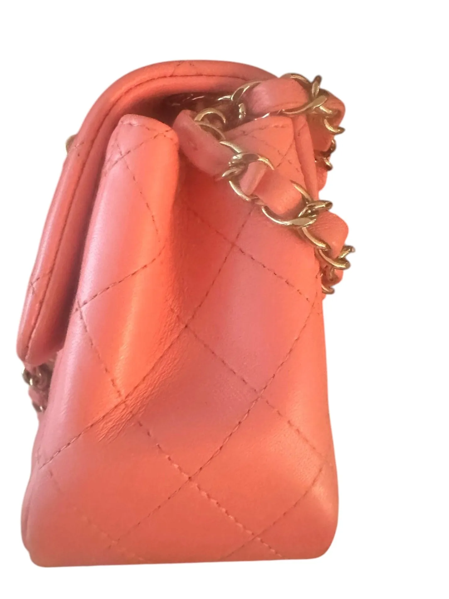 Chanel Classic Mini Square, Coral Pink Lambskin, Gold-tone Hardware