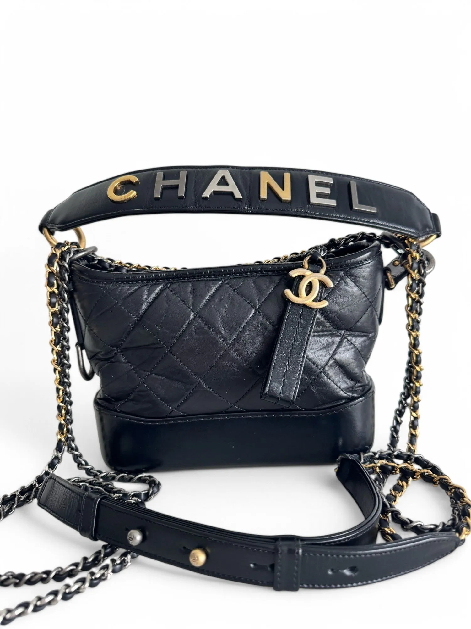 Chanel Gabrielle Top Handle Small Black Calfskin Leather, Mixed-tone Hardware