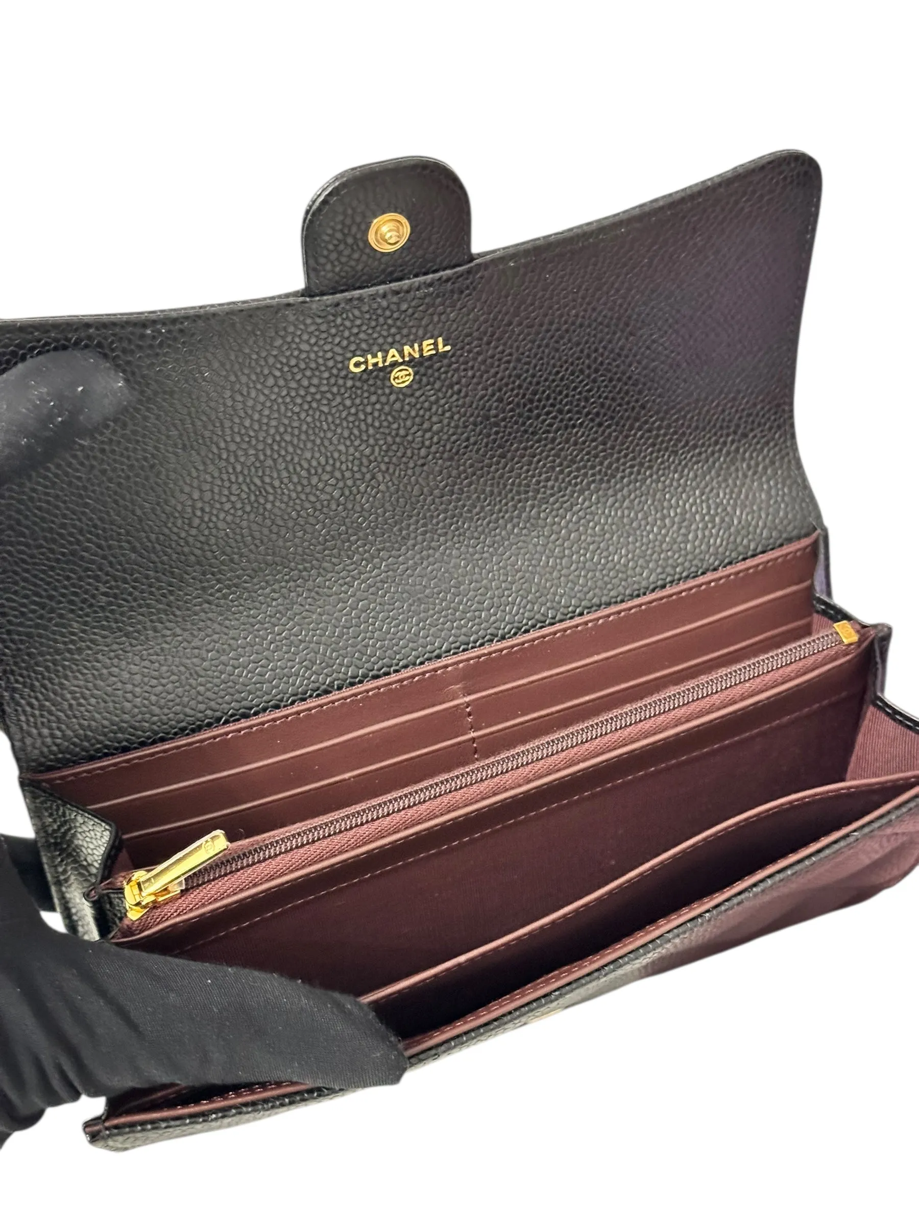Chanel Long Zip Wallet Black Caviar Gold-tone Hardware