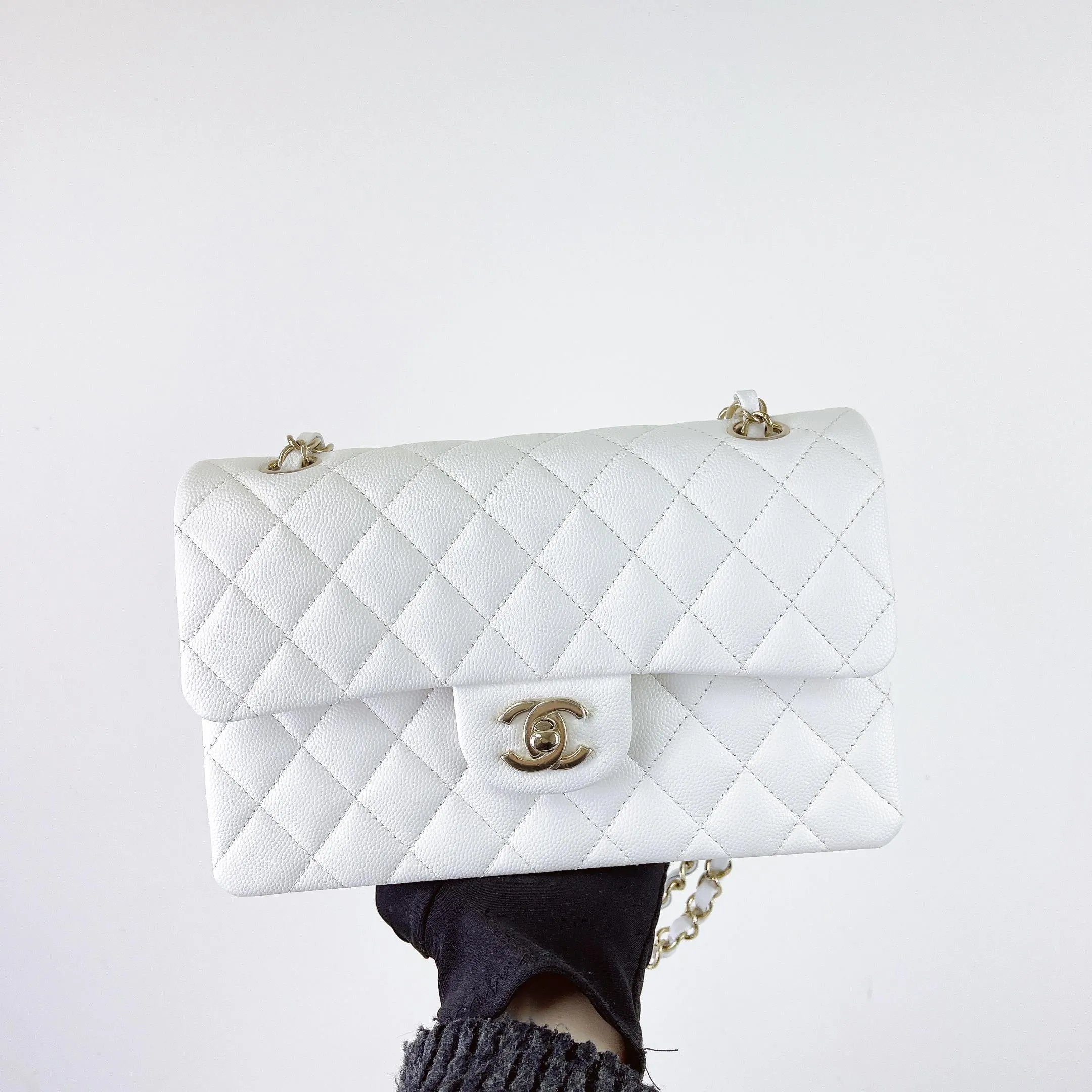 Chanel Timeless Classic Small White Caviar Gold-tone Hardware