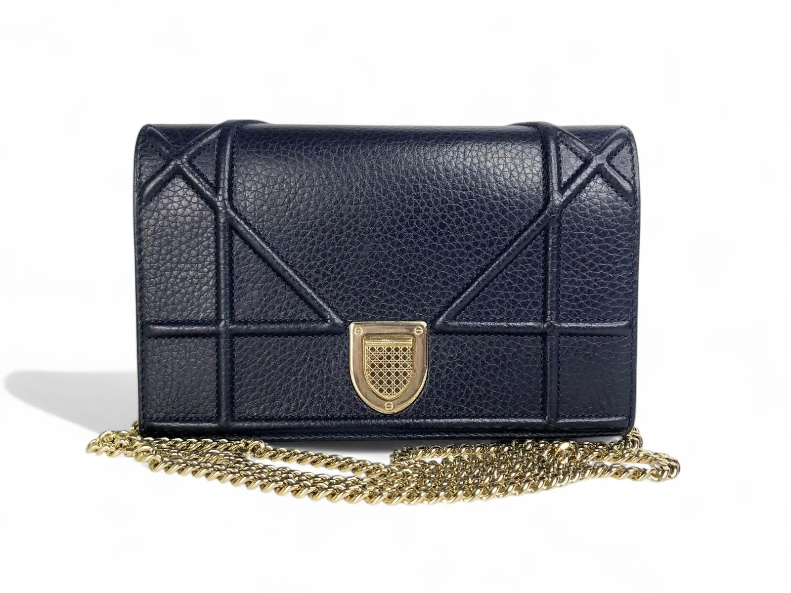Christian Dior Diorama Navy Cannage Leather Wallet on Chain (WOC) Light Gold-tone Hardware