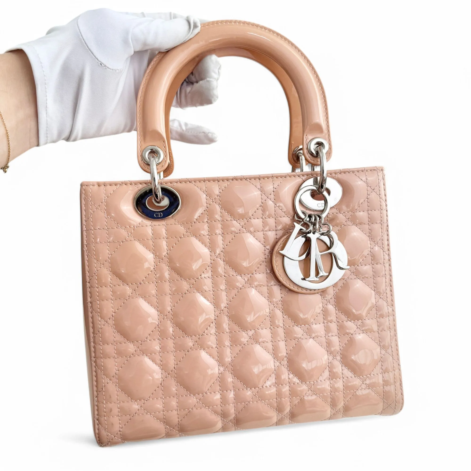 Christian Dior Lady Dior Medium Pink Patent Leather Gold-tone Hardware