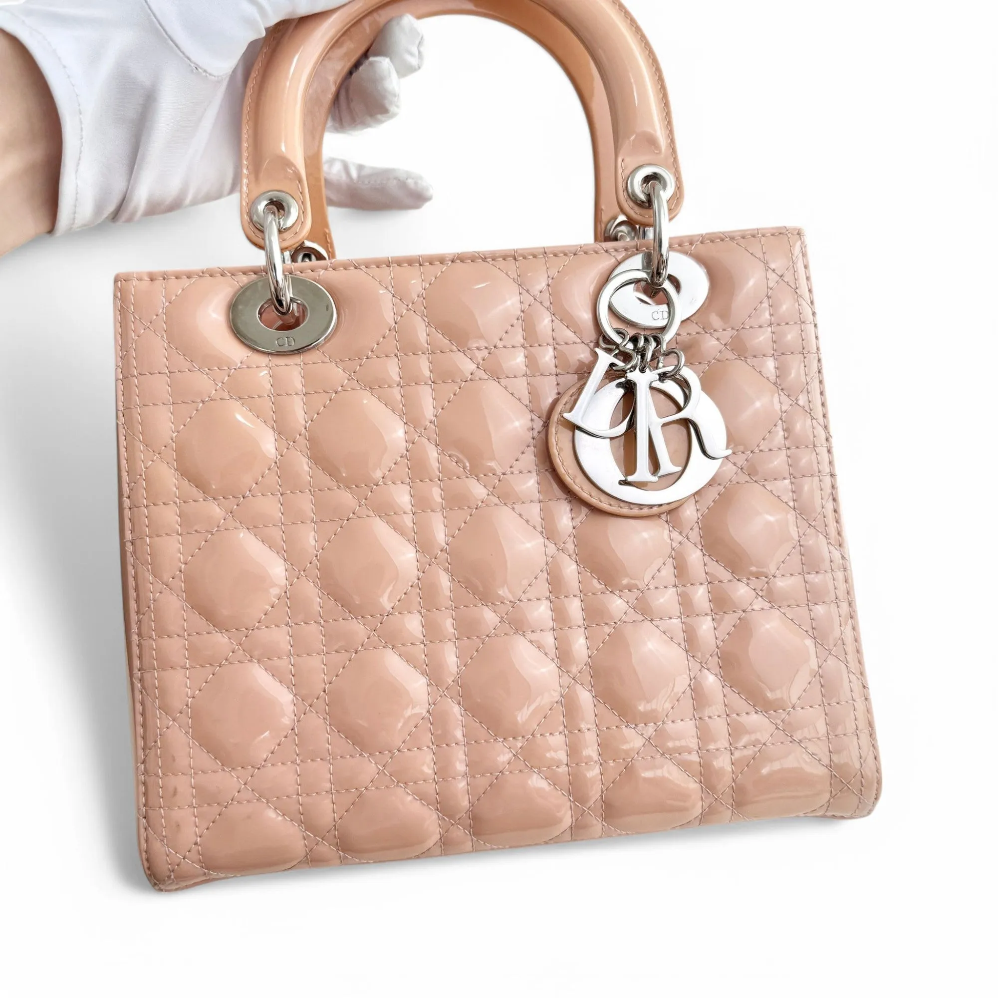 Christian Dior Lady Dior Medium Pink Patent Leather Gold-tone Hardware