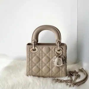 Christian Dior Lady Dior Mini Beige Lambskin Gold-tone Hardware