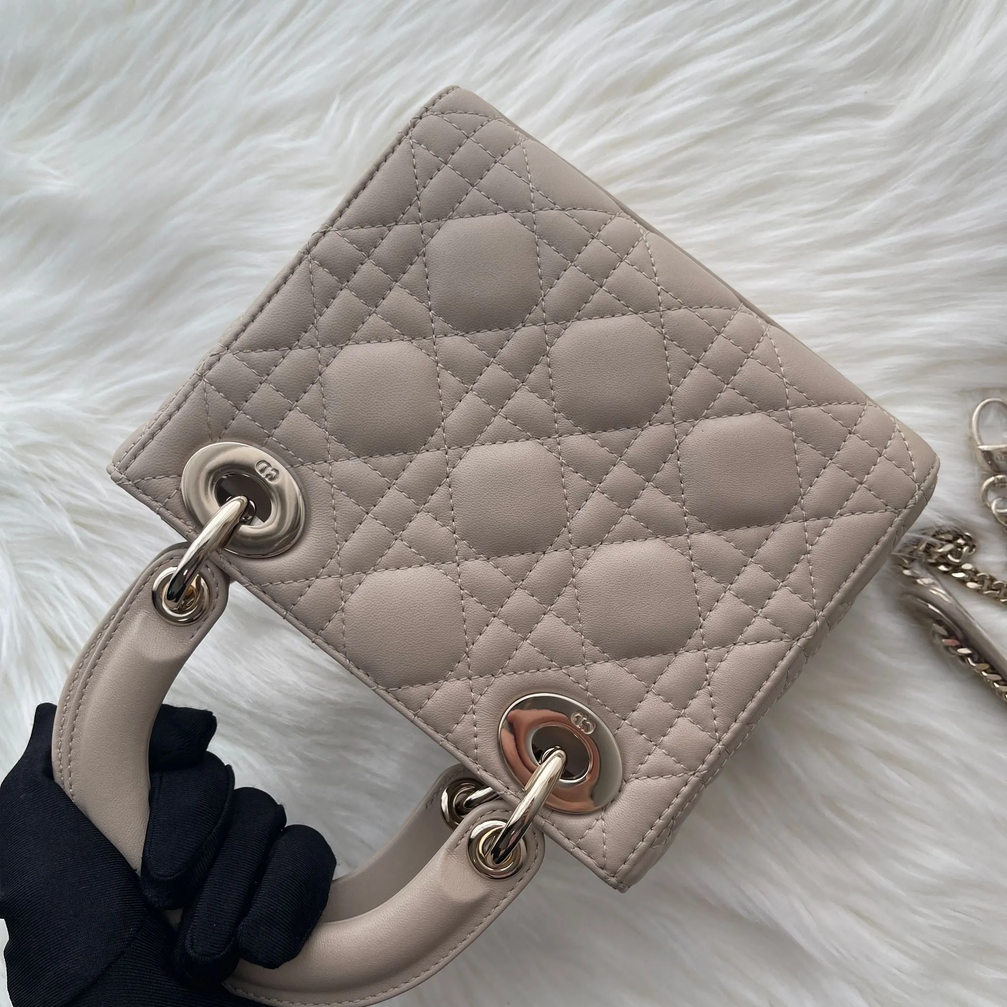 Christian Dior Lady Dior Mini Beige Lambskin Gold-tone Hardware