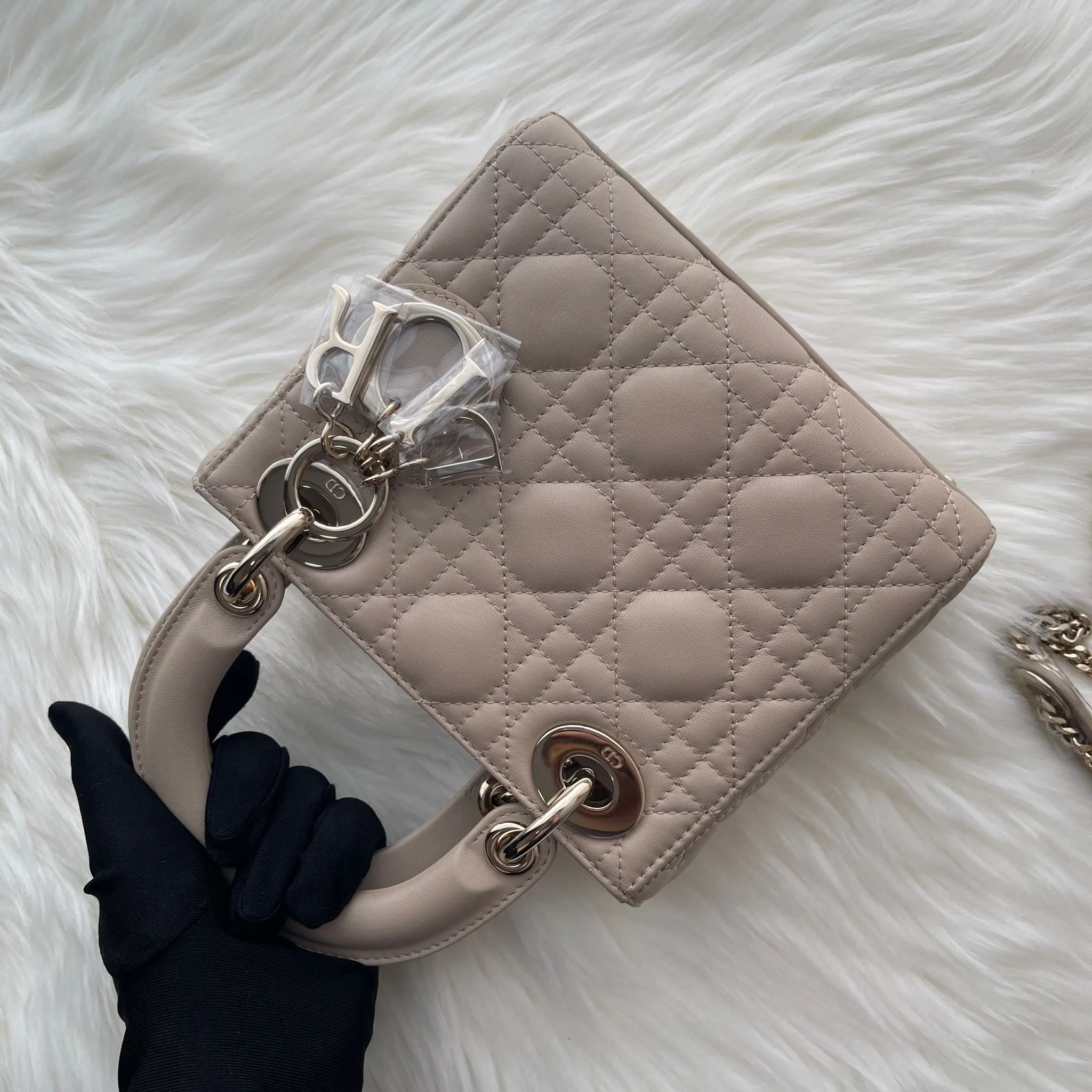 Christian Dior Lady Dior Mini Beige Lambskin Gold-tone Hardware