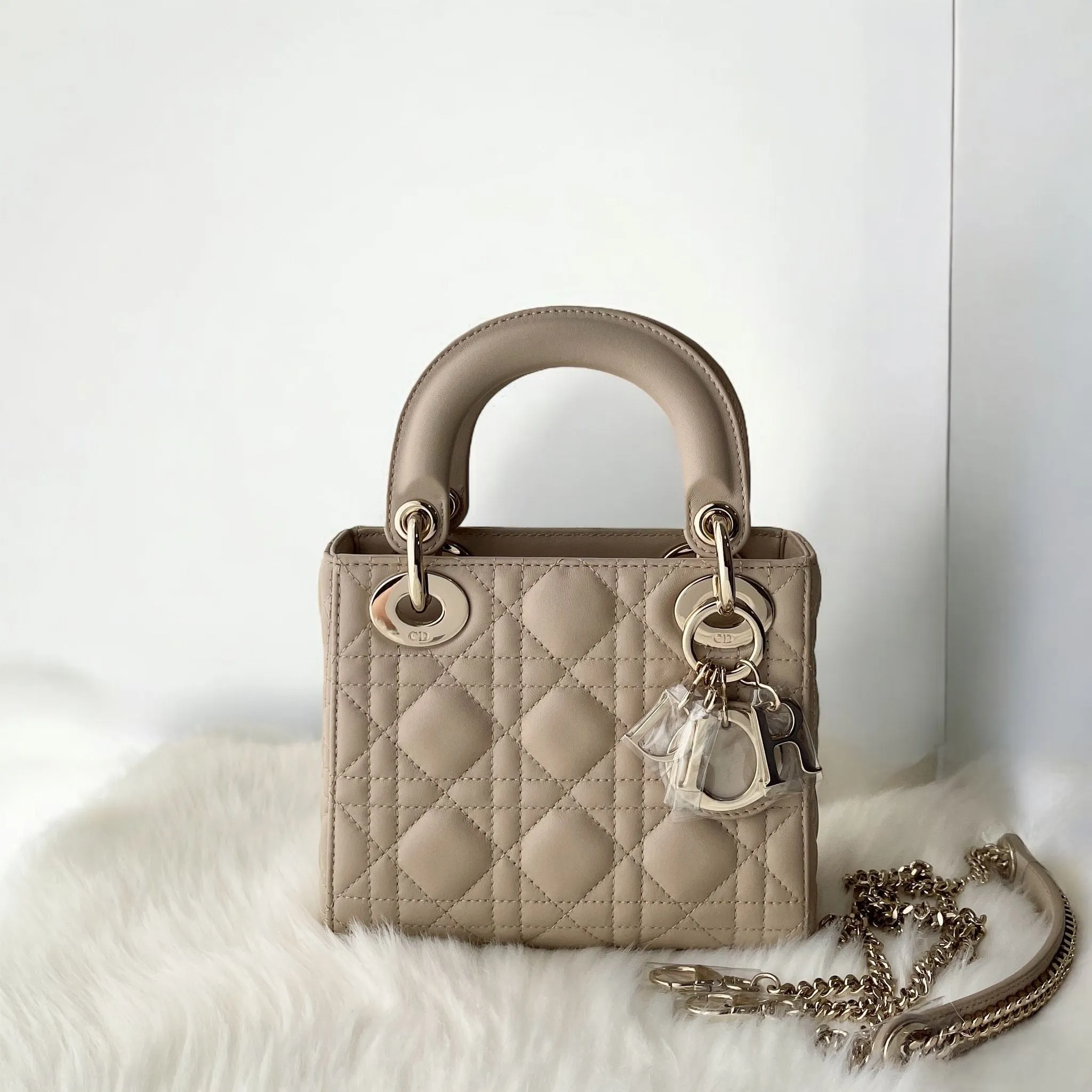 Christian Dior Lady Dior Mini Beige Lambskin Gold-tone Hardware