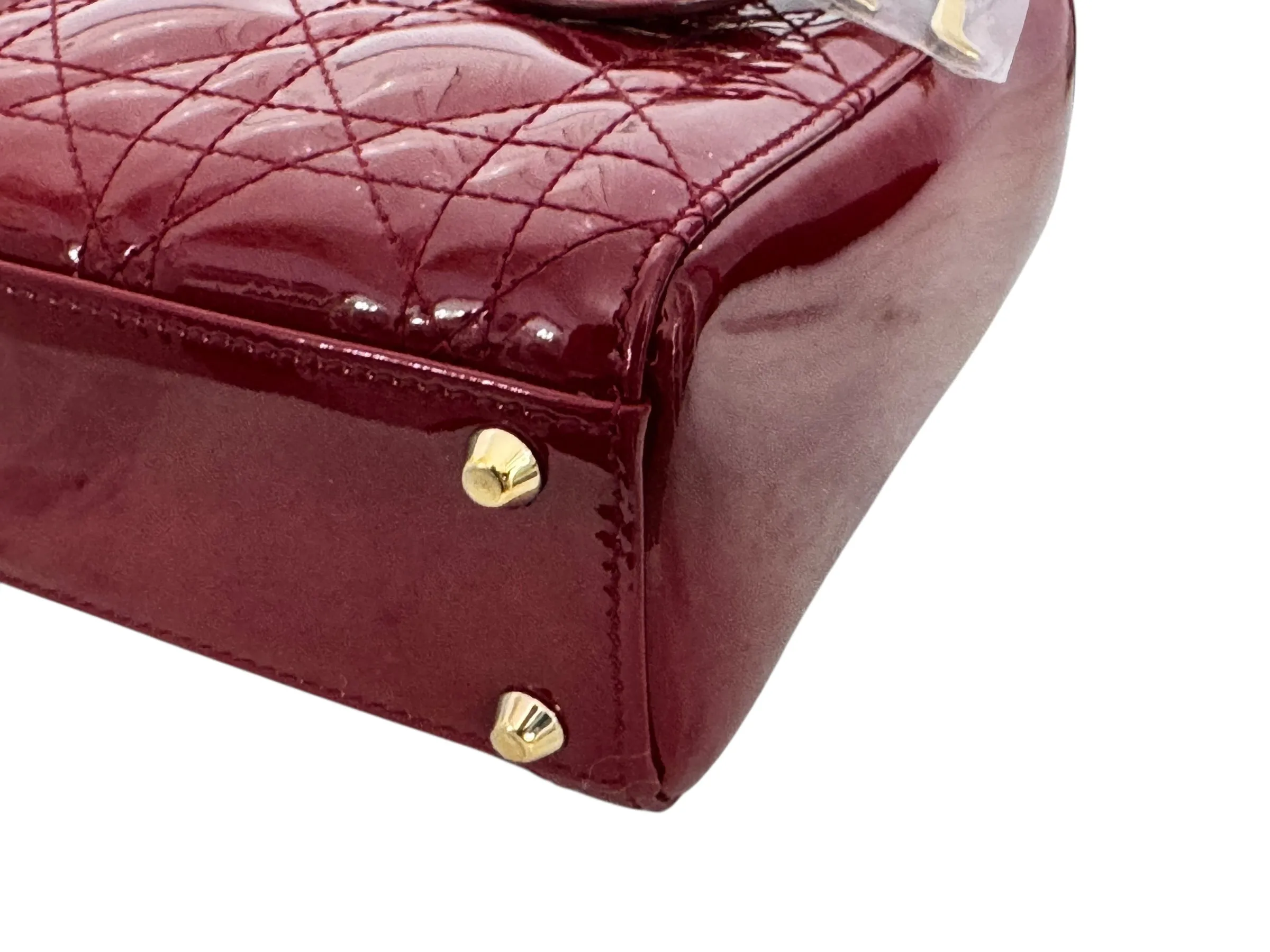 Christian Dior Lady Dior Mini Cherry Red Patent Leather, Gold-tone Hardware