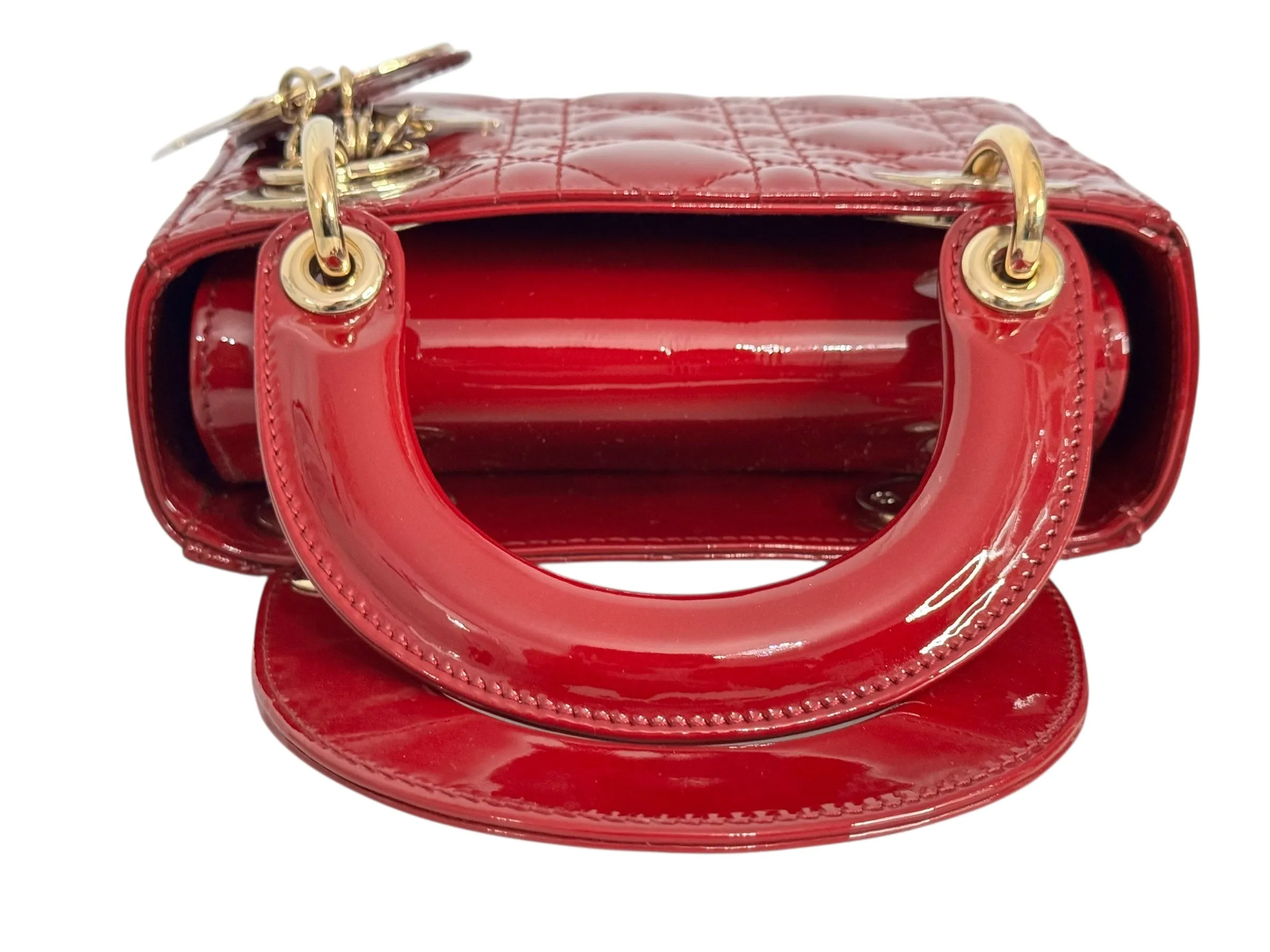Christian Dior Lady Dior Mini Cherry Red Patent Leather, Gold-tone Hardware