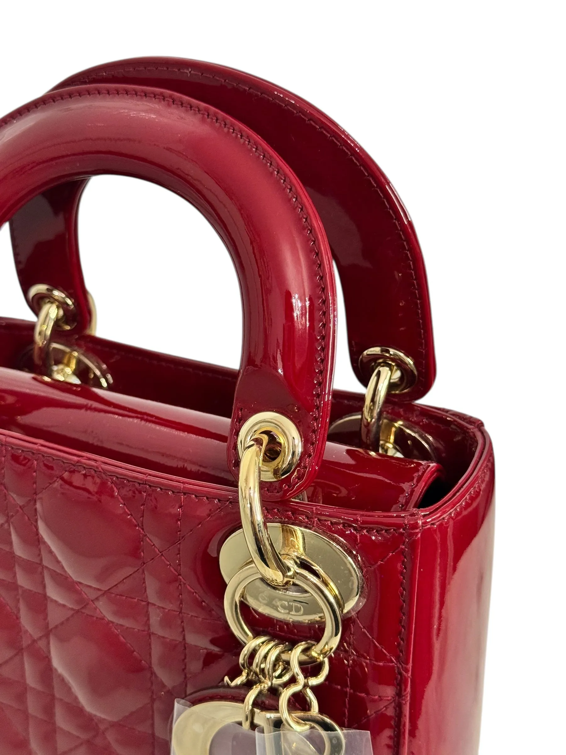 Christian Dior Lady Dior Mini Cherry Red Patent Leather, Gold-tone Hardware