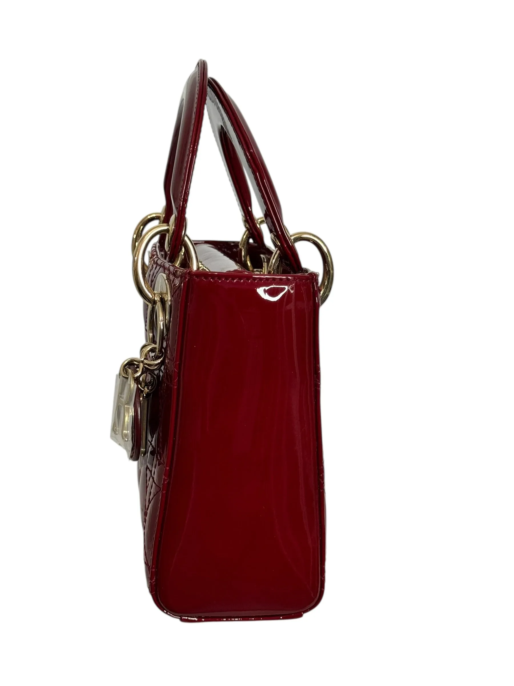 Christian Dior Lady Dior Mini Cherry Red Patent Leather, Gold-tone Hardware