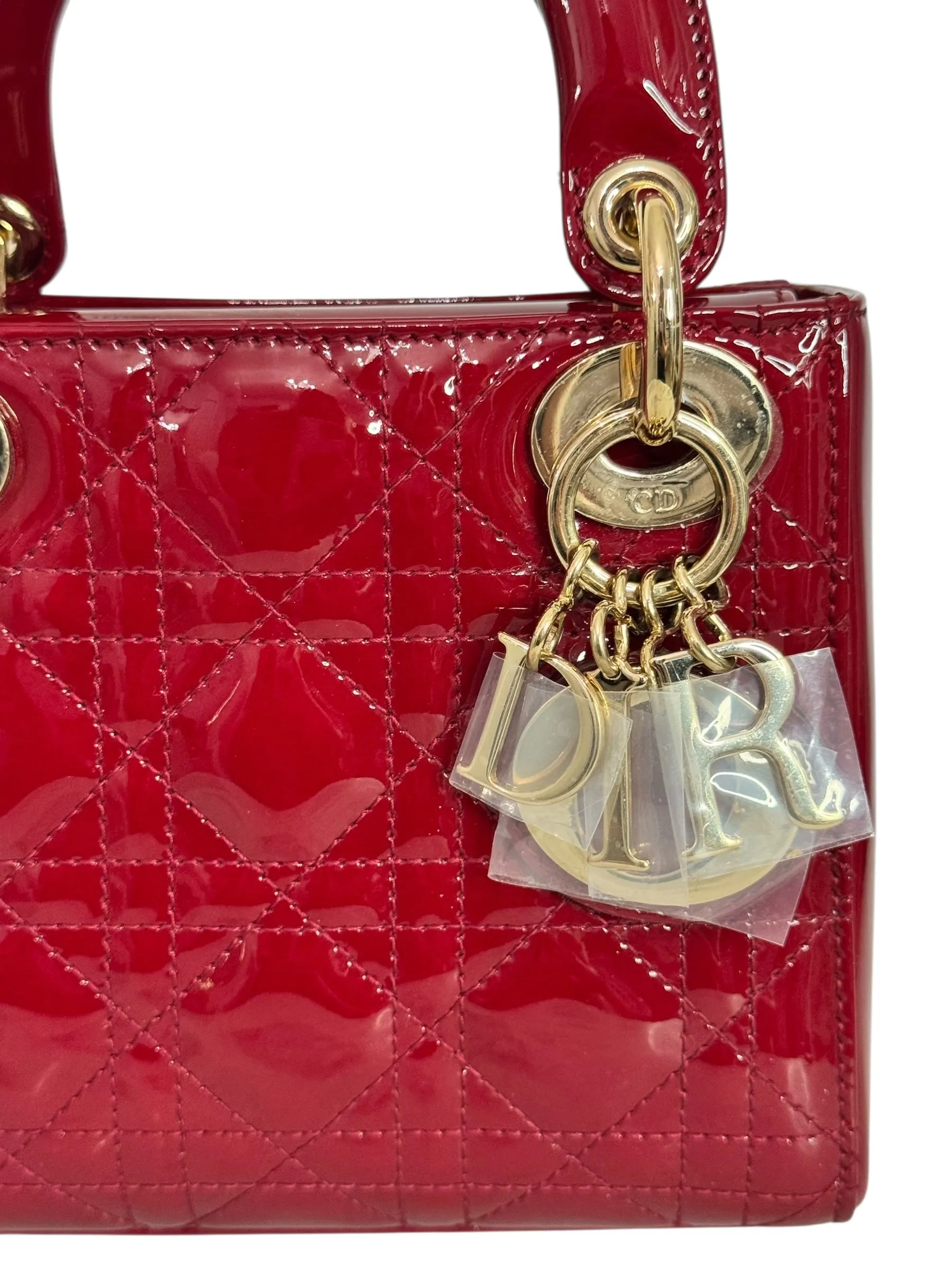Christian Dior Lady Dior Mini Cherry Red Patent Leather, Gold-tone Hardware