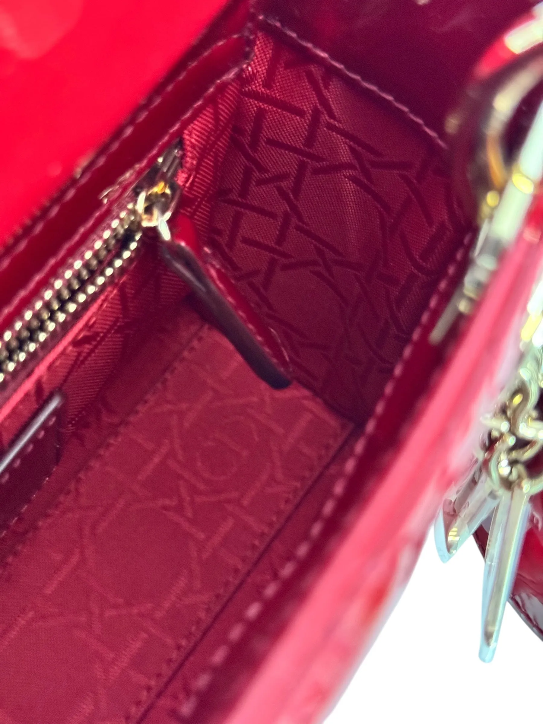 Christian Dior Lady Dior Mini Cherry Red Patent Leather, Gold-tone Hardware