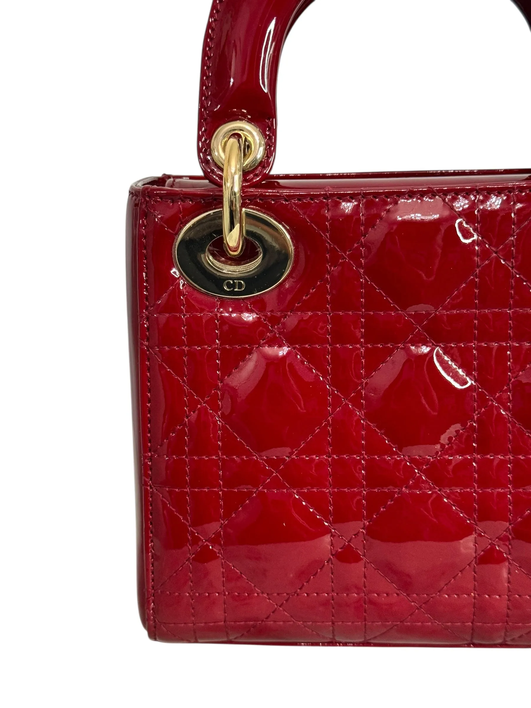 Christian Dior Lady Dior Mini Cherry Red Patent Leather, Gold-tone Hardware