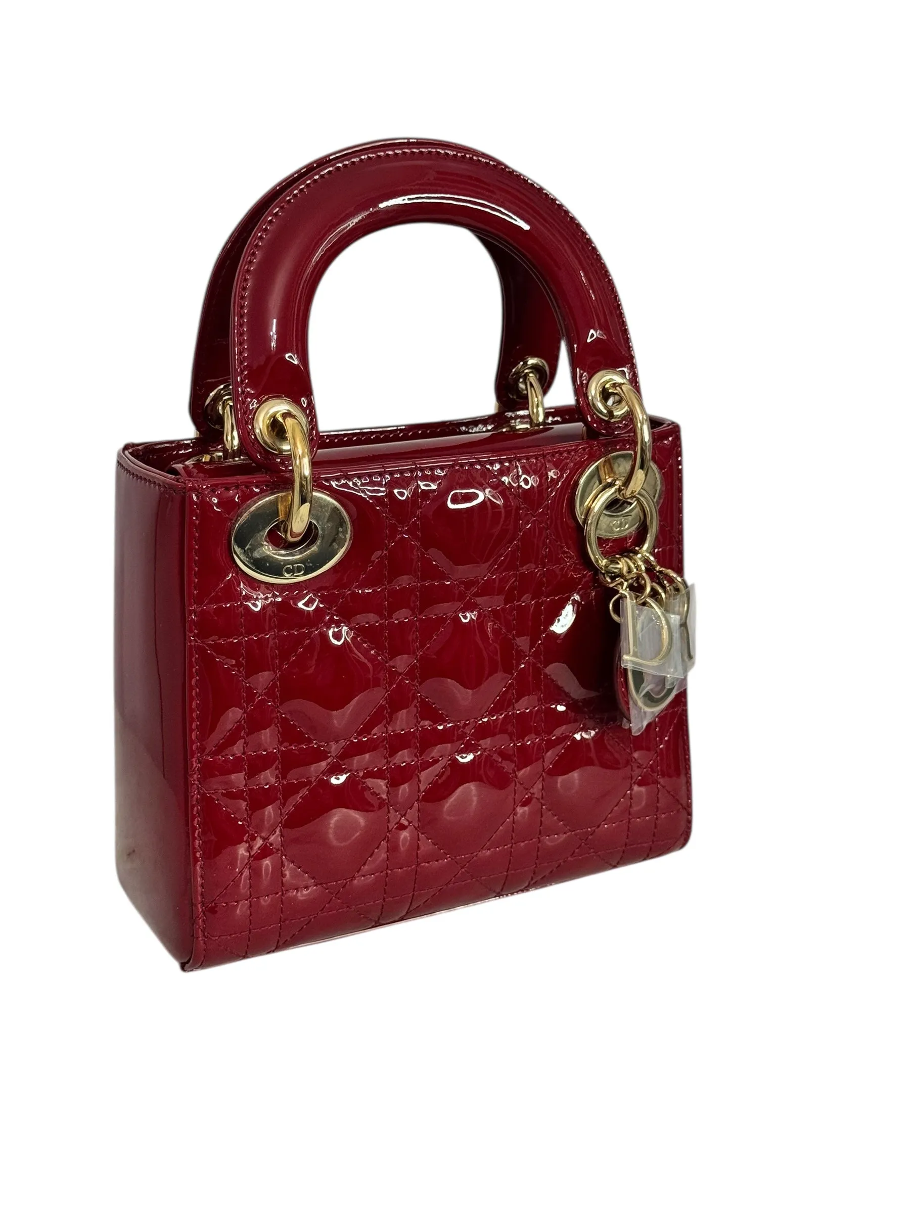 Christian Dior Lady Dior Mini Cherry Red Patent Leather, Gold-tone Hardware