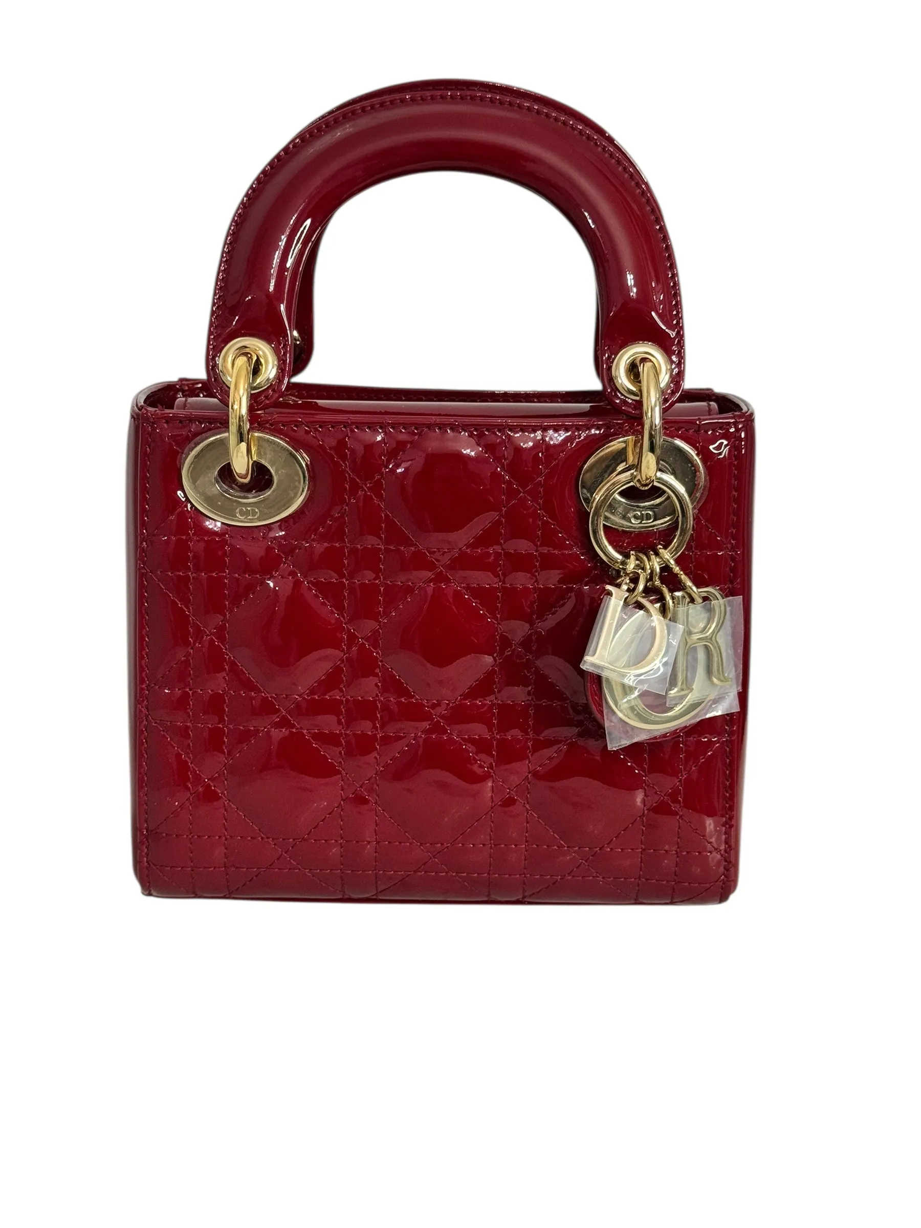 Christian Dior Lady Dior Mini Cherry Red Patent Leather, Gold-tone Hardware