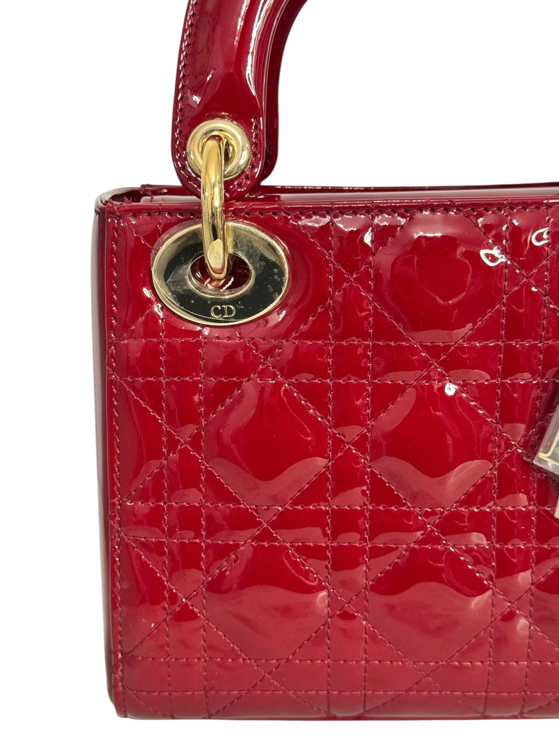 Christian Dior Lady Dior Mini Cherry Red Patent Leather, Gold-tone Hardware