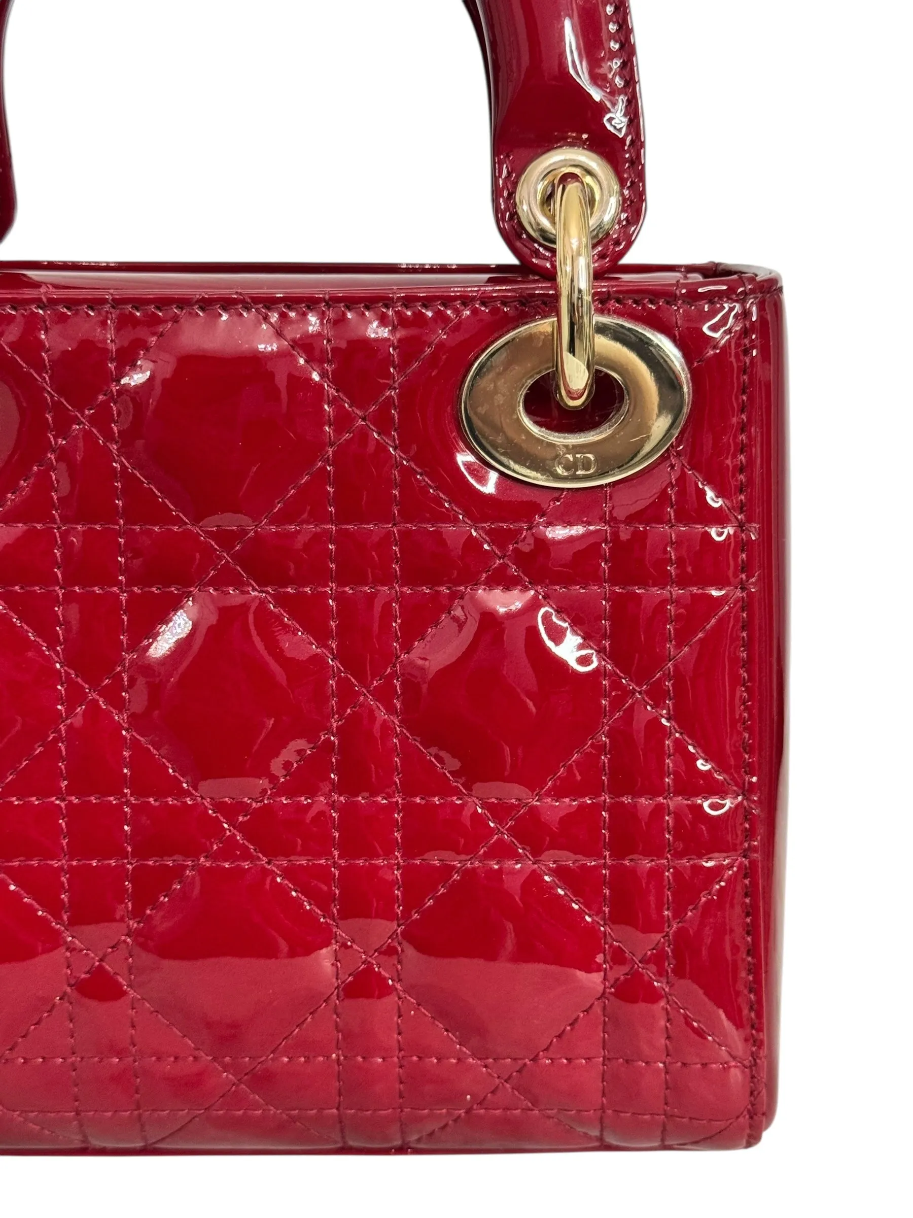 Christian Dior Lady Dior Mini Cherry Red Patent Leather, Gold-tone Hardware