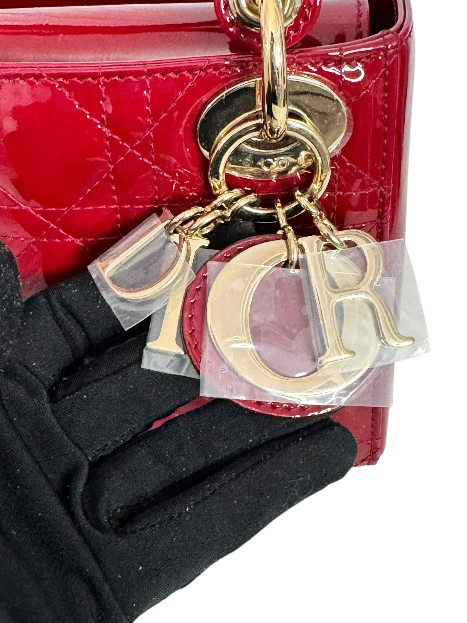 Christian Dior Lady Dior Mini Cherry Red Patent Leather, Gold-tone Hardware