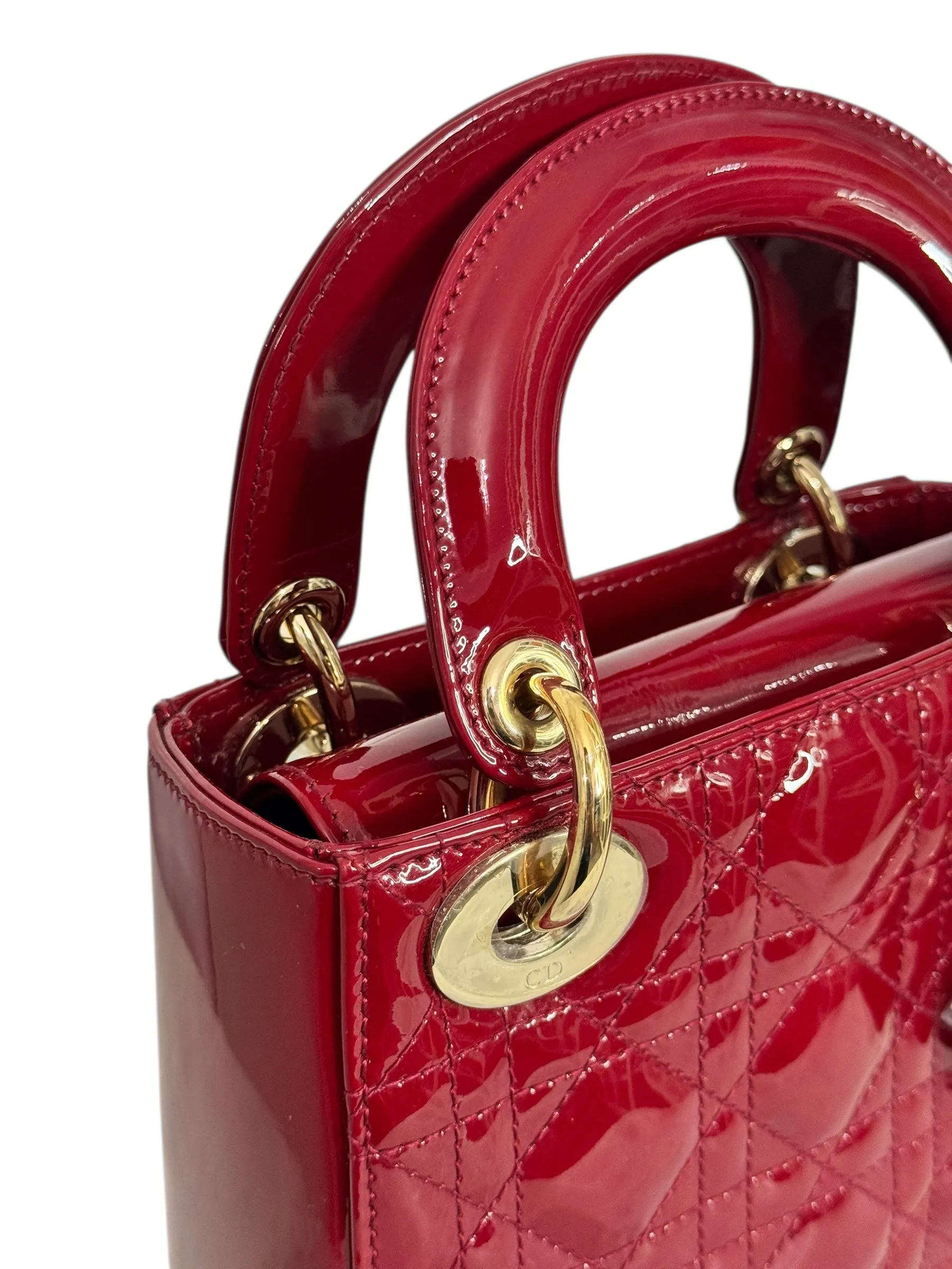 Christian Dior Lady Dior Mini Cherry Red Patent Leather, Gold-tone Hardware