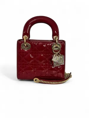 Christian Dior Lady Dior Mini Cherry Red Patent Leather, Gold-tone Hardware