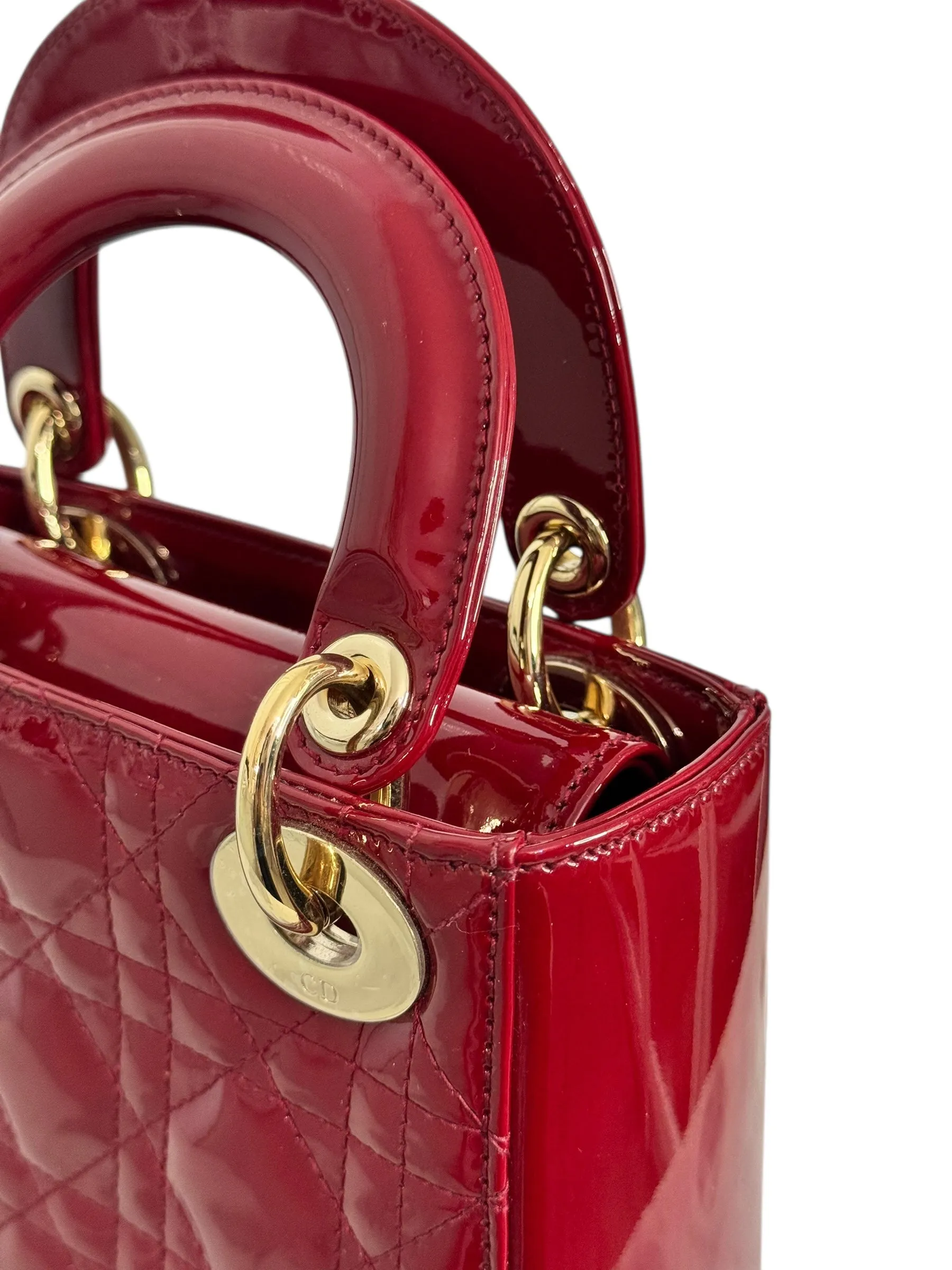 Christian Dior Lady Dior Mini Cherry Red Patent Leather, Gold-tone Hardware