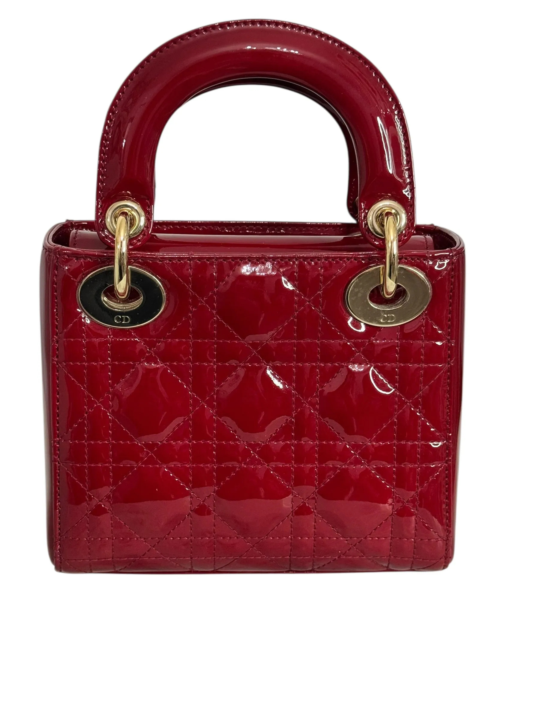 Christian Dior Lady Dior Mini Cherry Red Patent Leather, Gold-tone Hardware