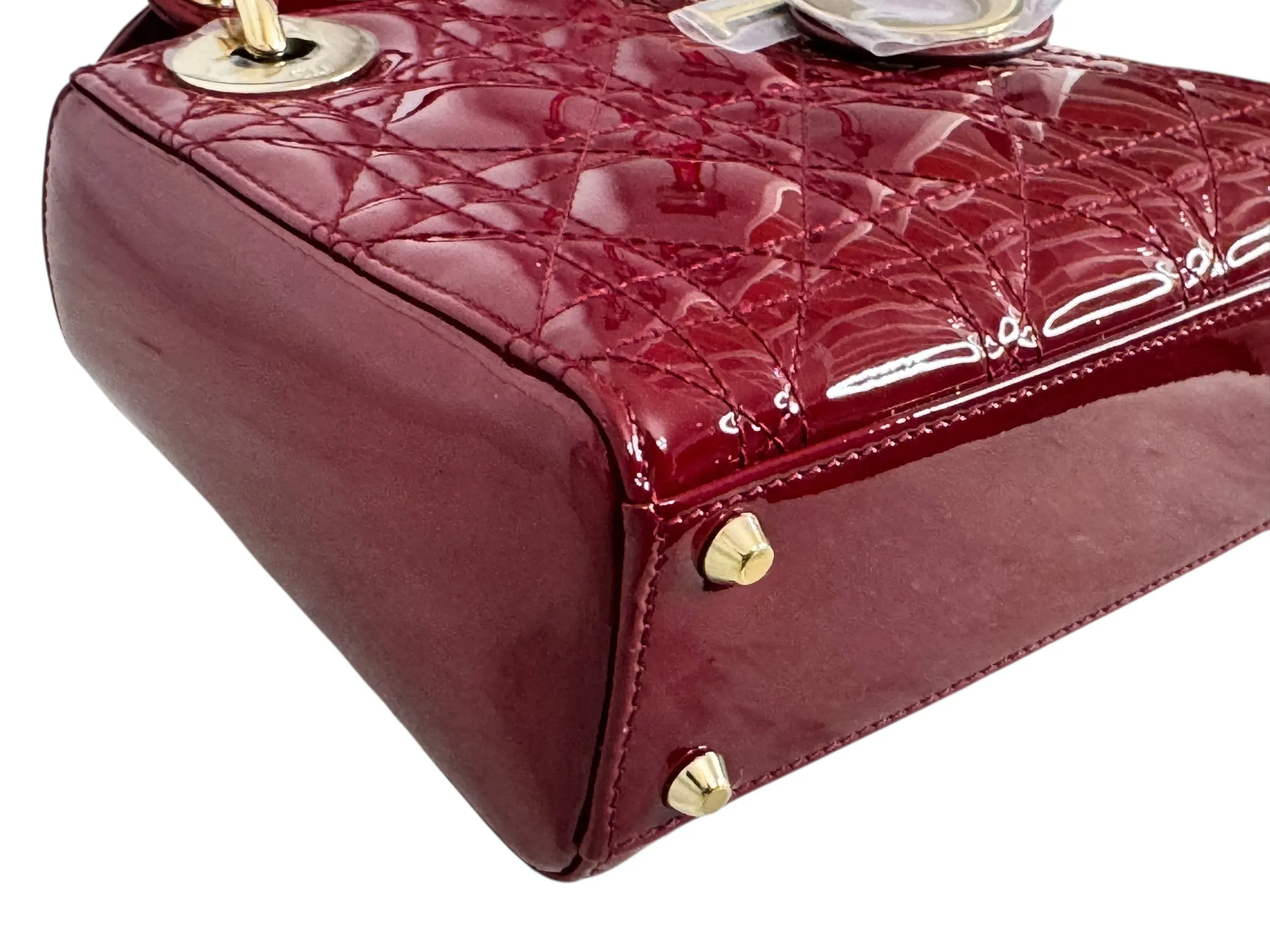 Christian Dior Lady Dior Mini Cherry Red Patent Leather, Gold-tone Hardware