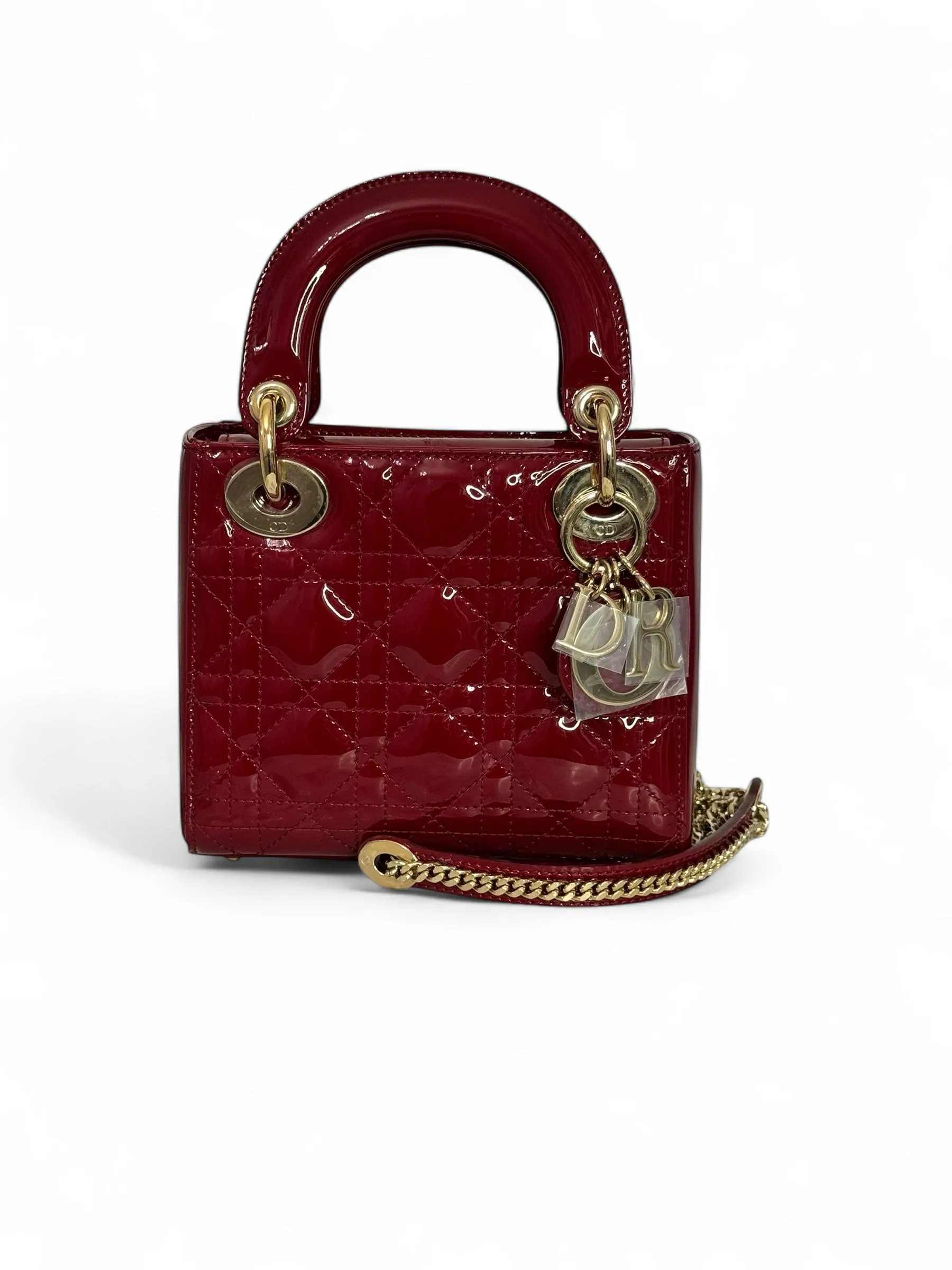 Christian Dior Lady Dior Mini Cherry Red Patent Leather, Gold-tone Hardware