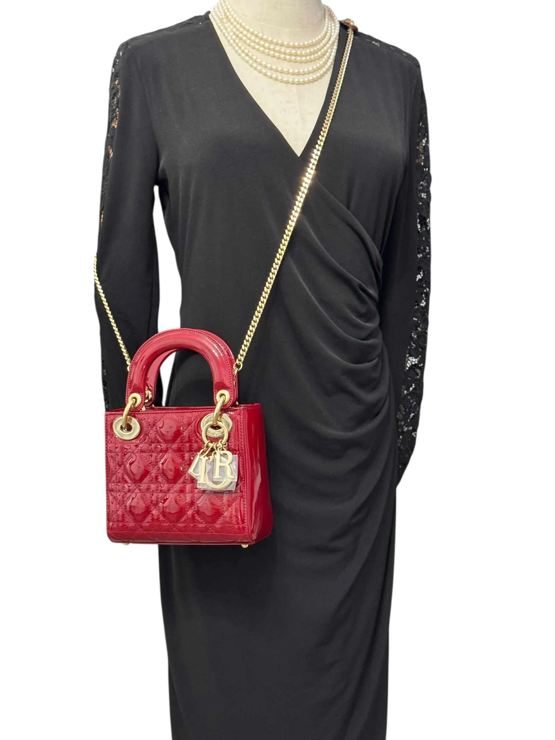 Christian Dior Lady Dior Mini Cherry Red Patent Leather, Gold-tone Hardware